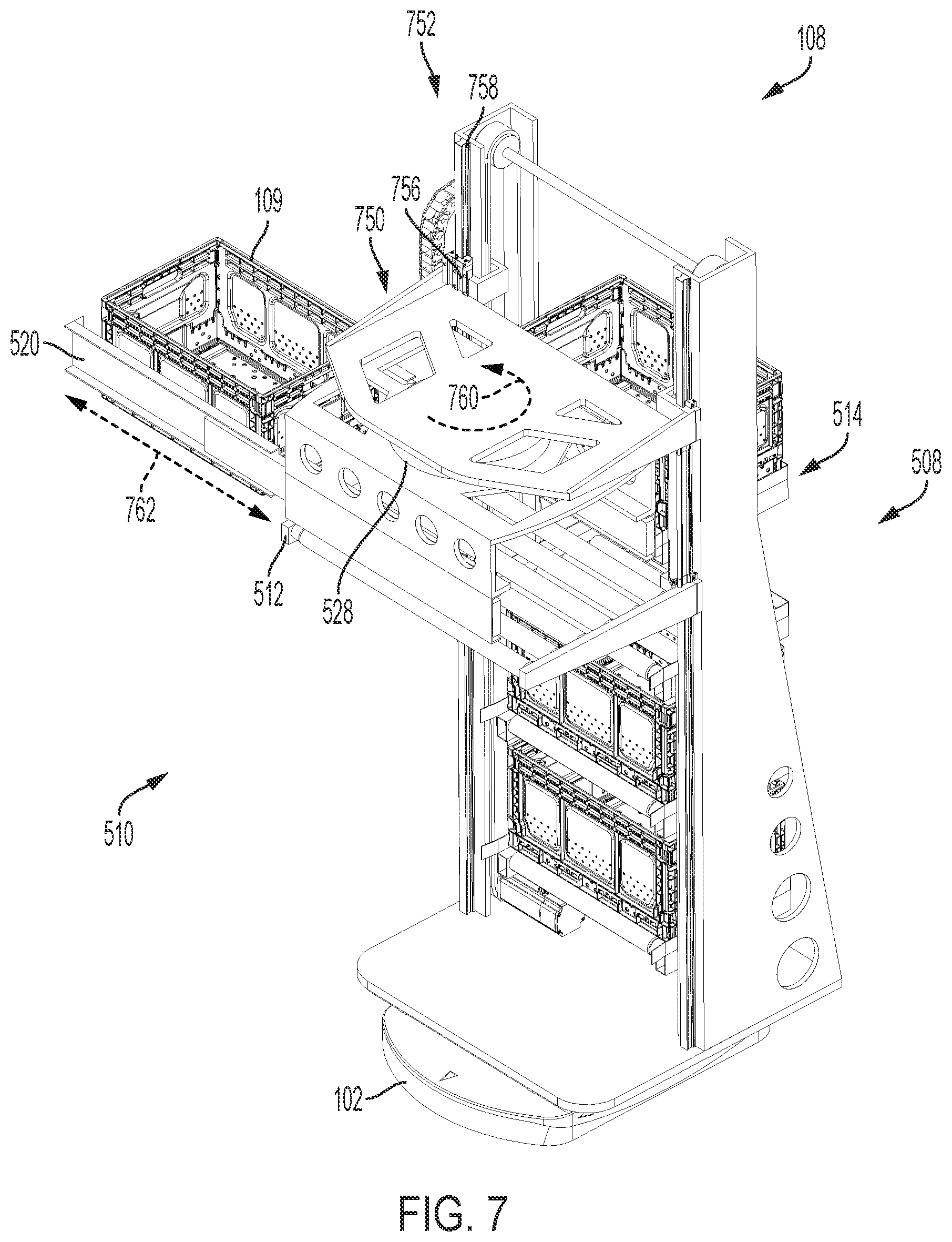 Patent US12552602 Figure 7 – Inventory system with item retrieval