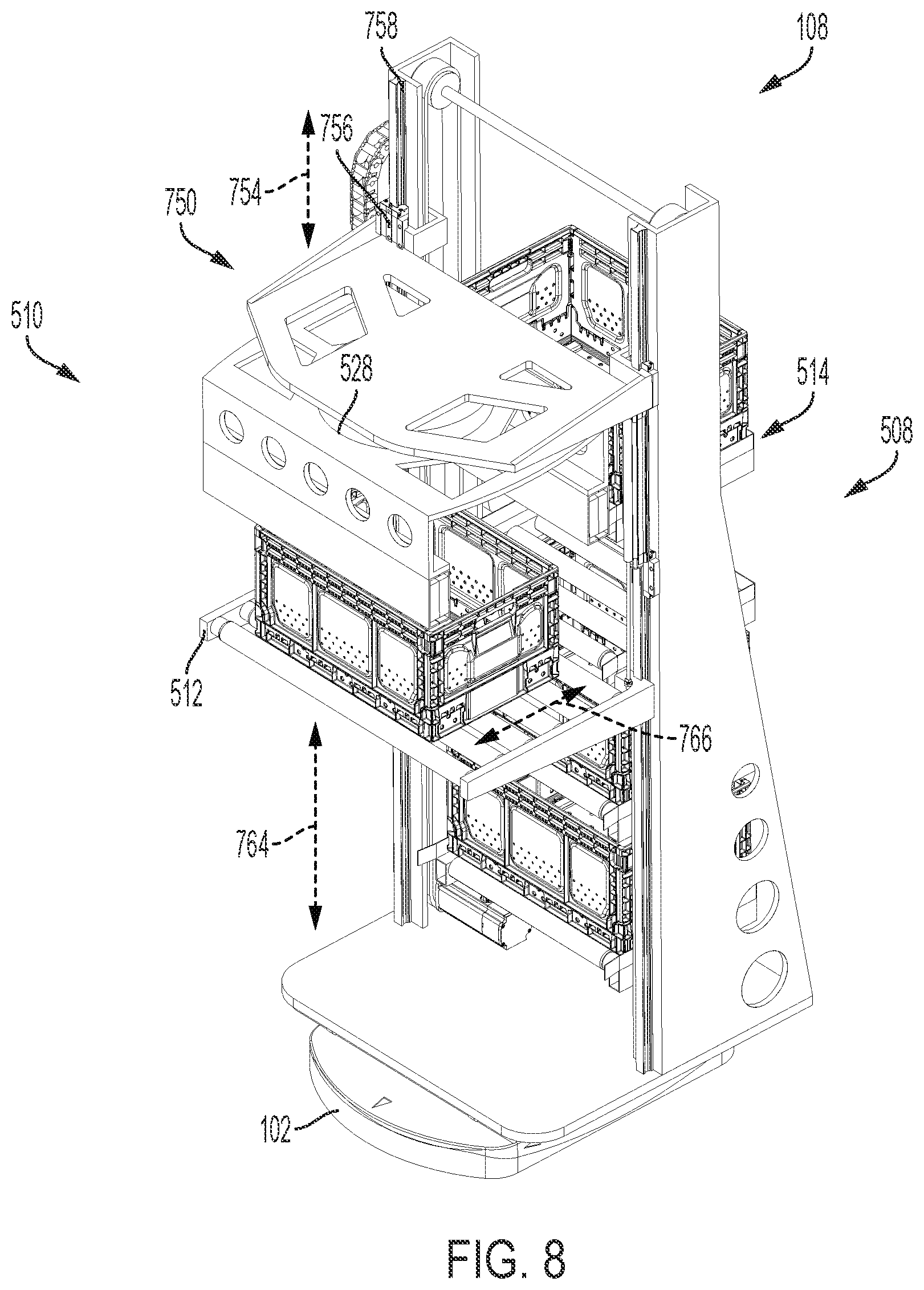 Patent US12552602 Figure 8 – Inventory system with item retrieval