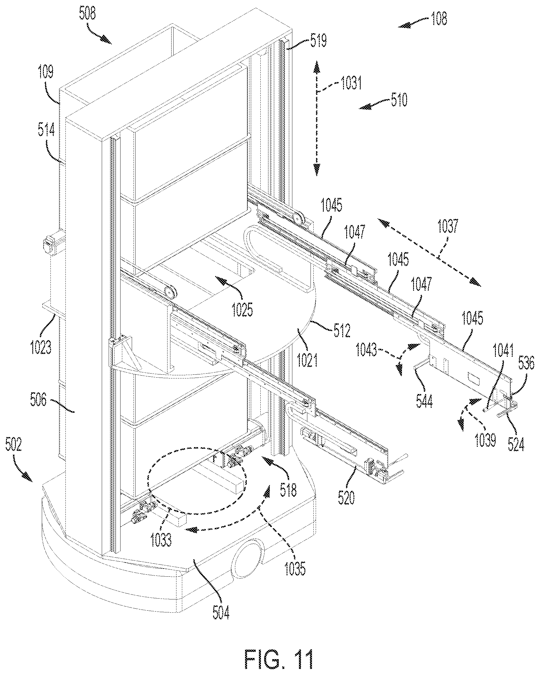 Patent US12552602 Figure 11 – Inventory system with item retrieval