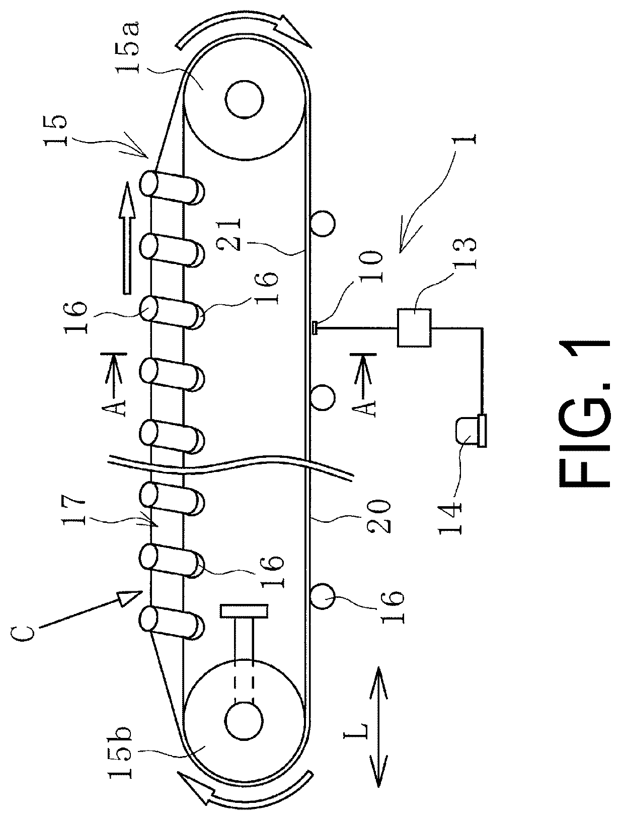 Patent US12552614 Figure 1 – Device and method for detecting wear in conveyor belt