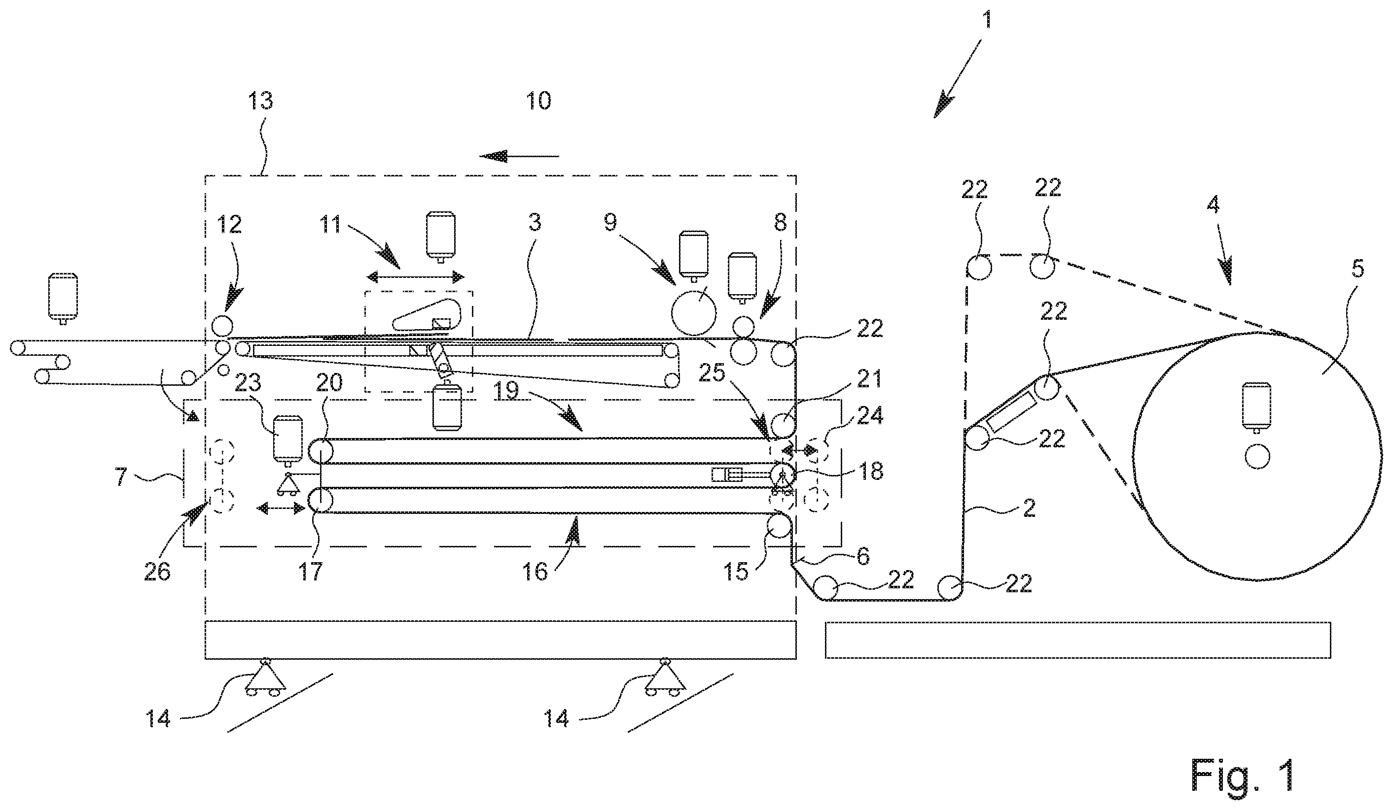 Patent US12552628 Figure 1 – Apparatus for cutting a material web into individual sheets with a web storage