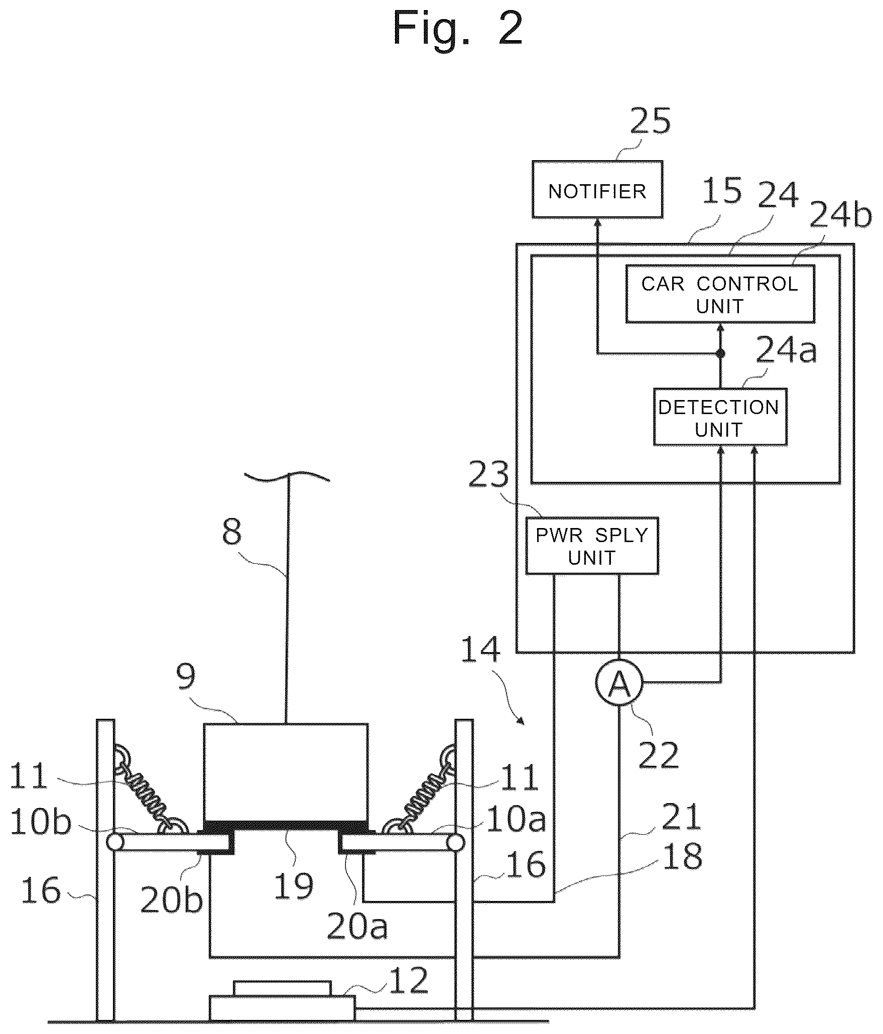 Patent US12552638 Figure 2 – Elevating body derailment detection device