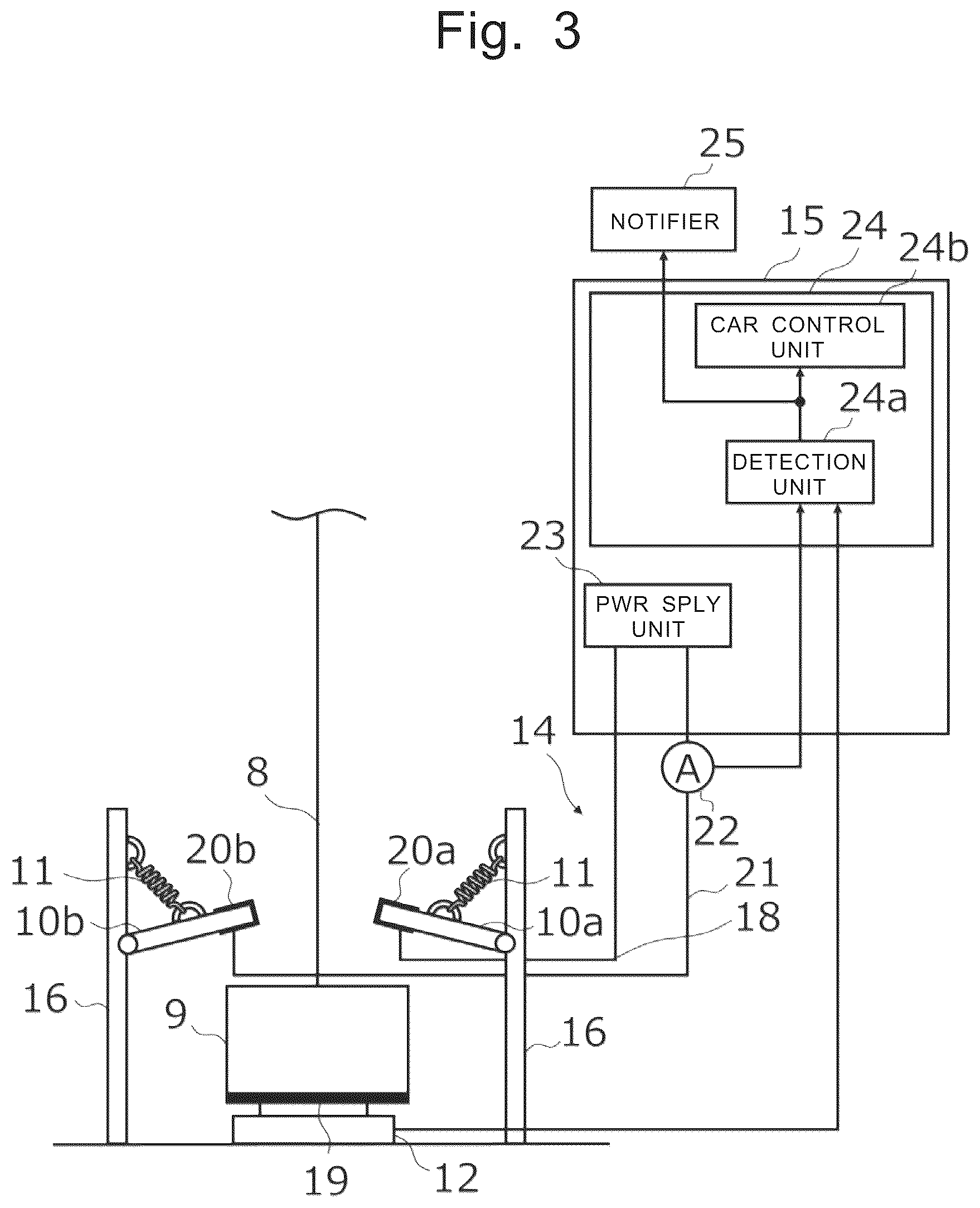 Patent US12552638 Figure 3 – Elevating body derailment detection device