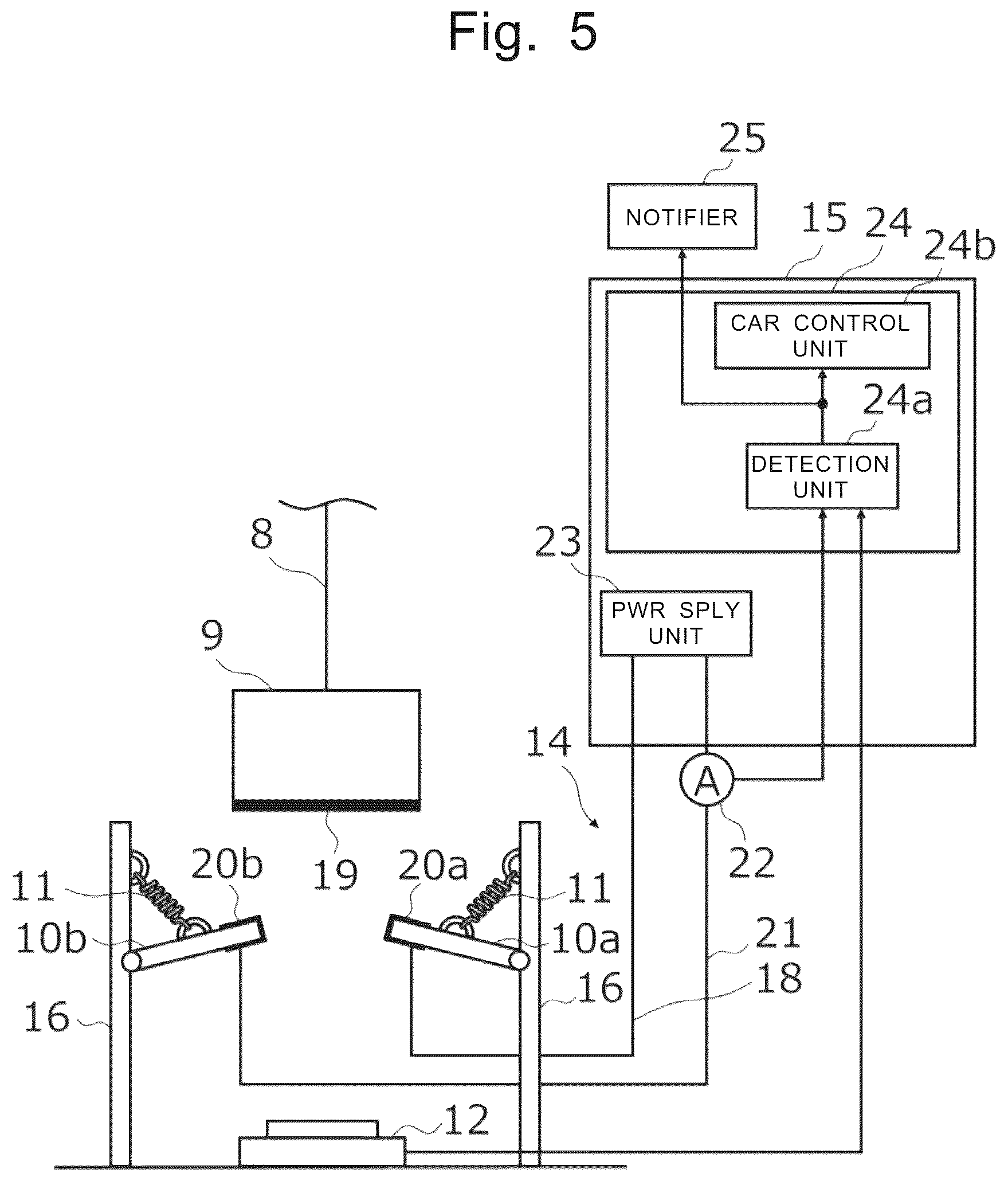 Patent US12552638 Figure 5 – Elevating body derailment detection device