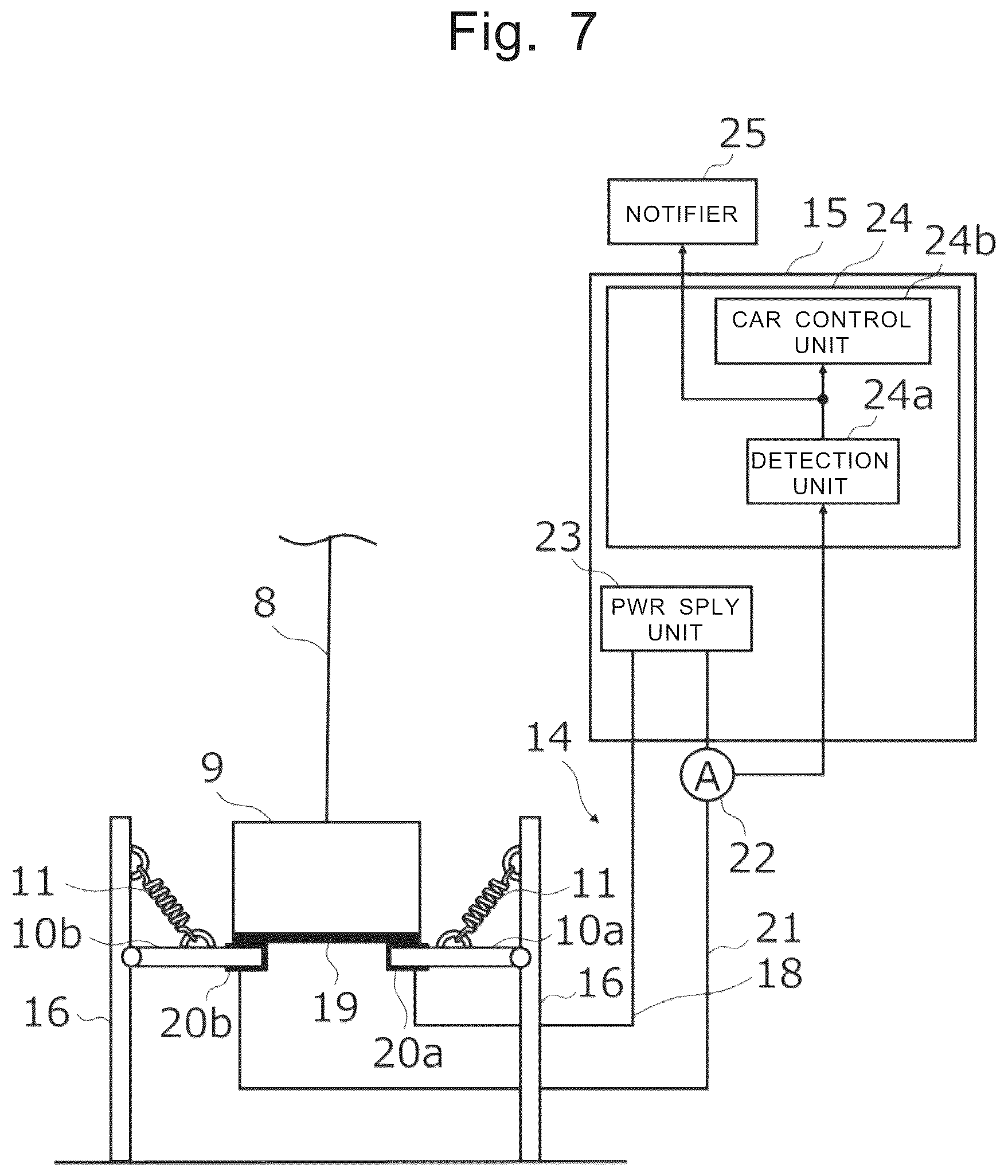 Patent US12552638 Figure 7 – Elevating body derailment detection device