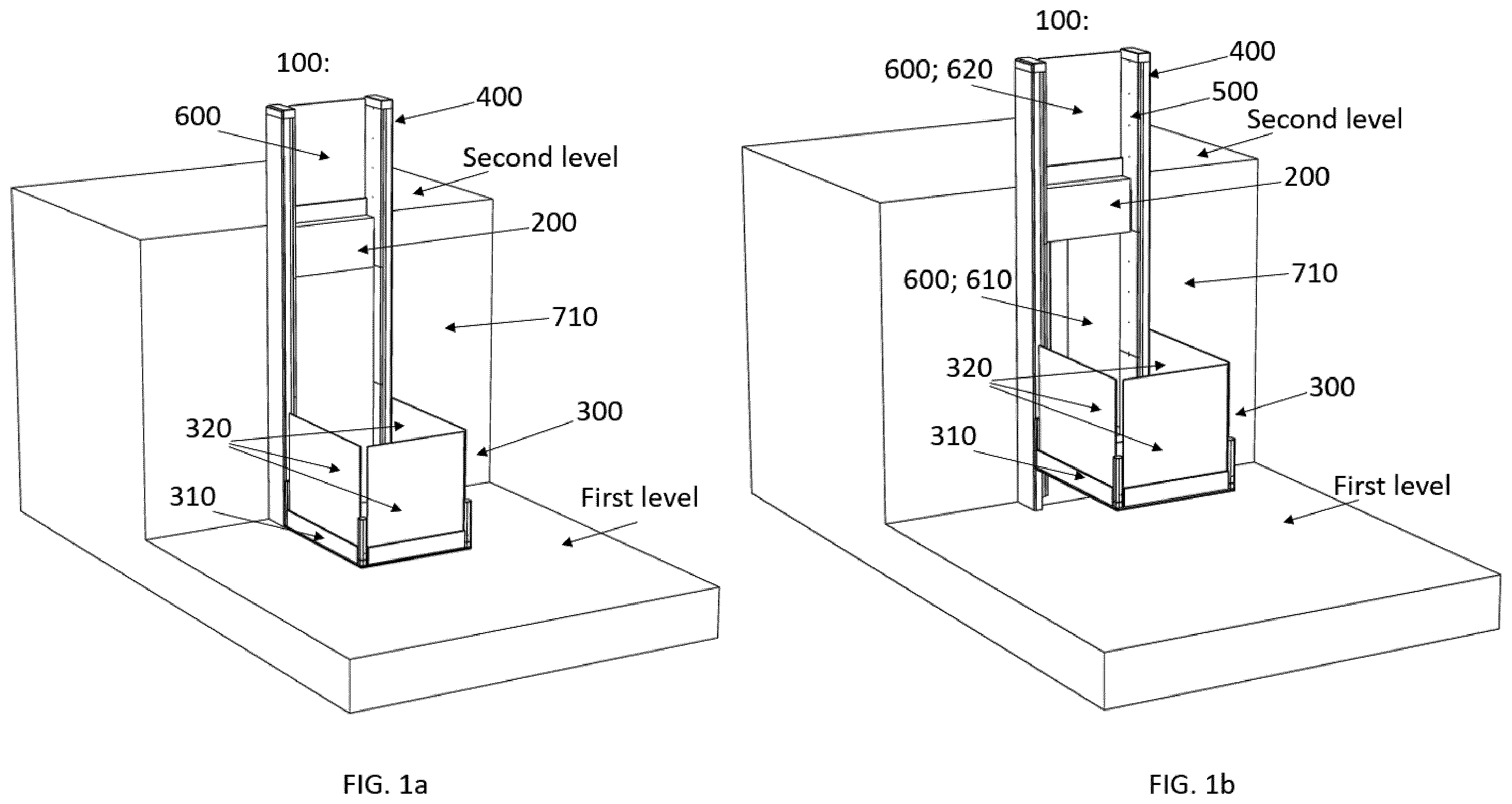 Patent US12552640 Figure 1 – Drive unit placement and access openings for a platform lifting system