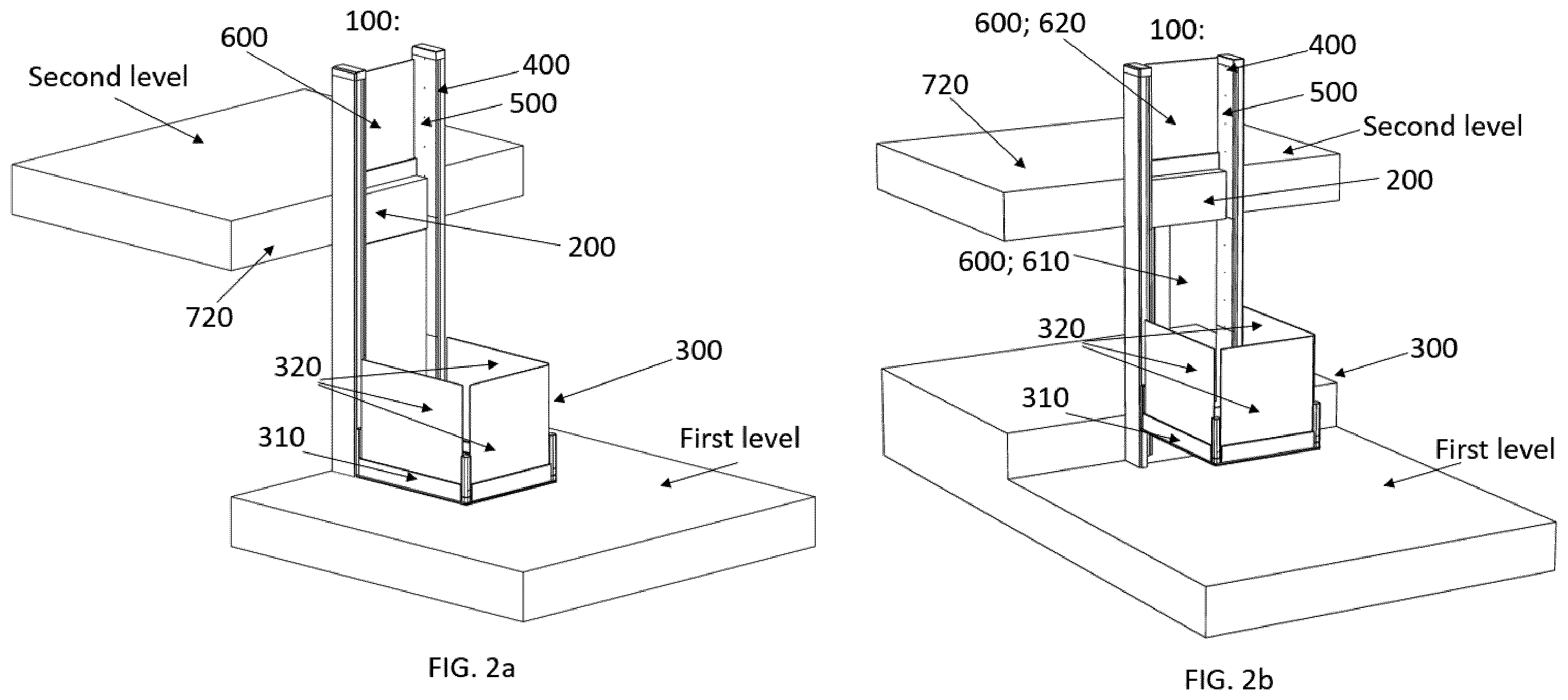Patent US12552640 Figure 2 – Drive unit placement and access openings for a platform lifting system