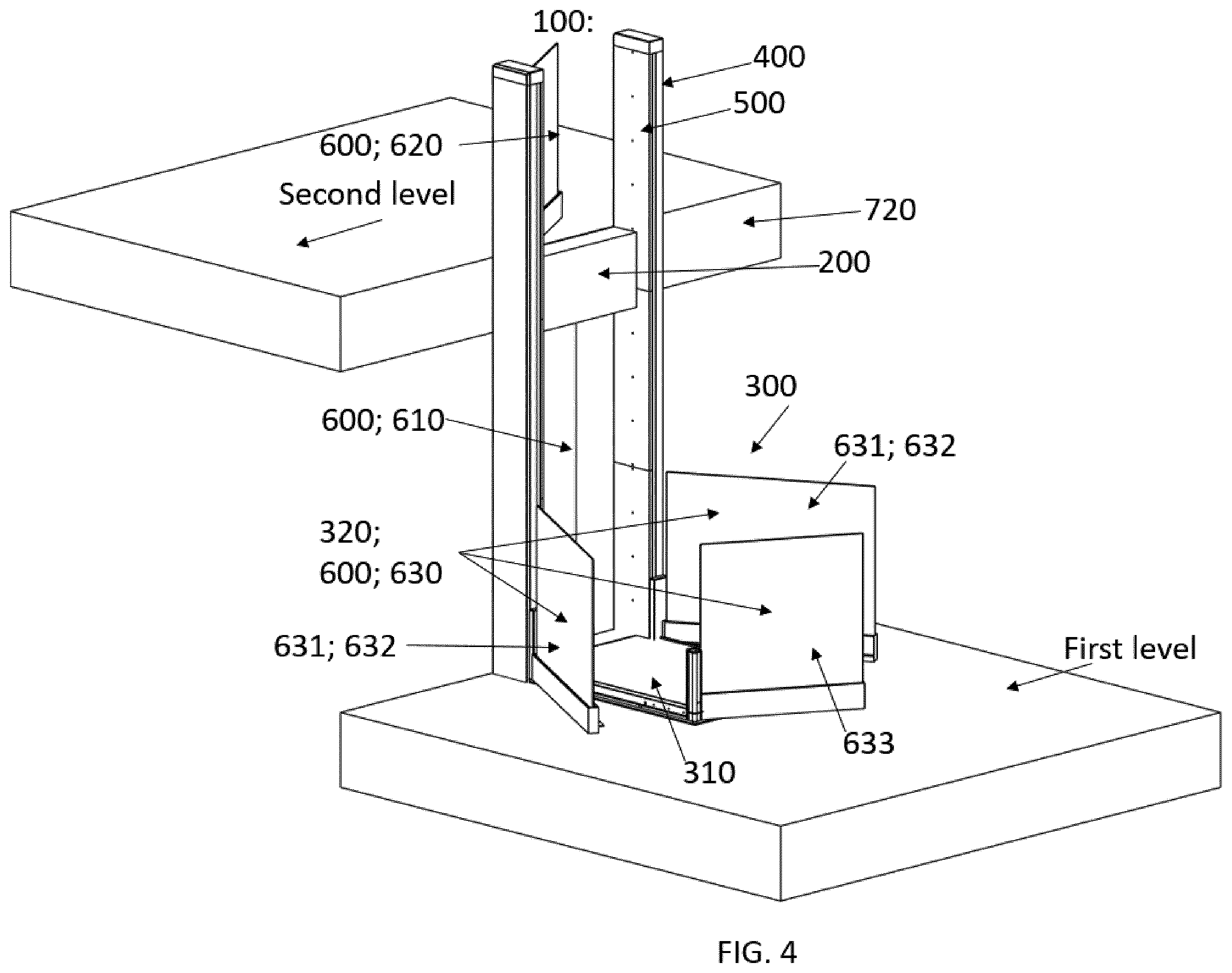 Patent US12552640 Figure 4 – Drive unit placement and access openings for a platform lifting system