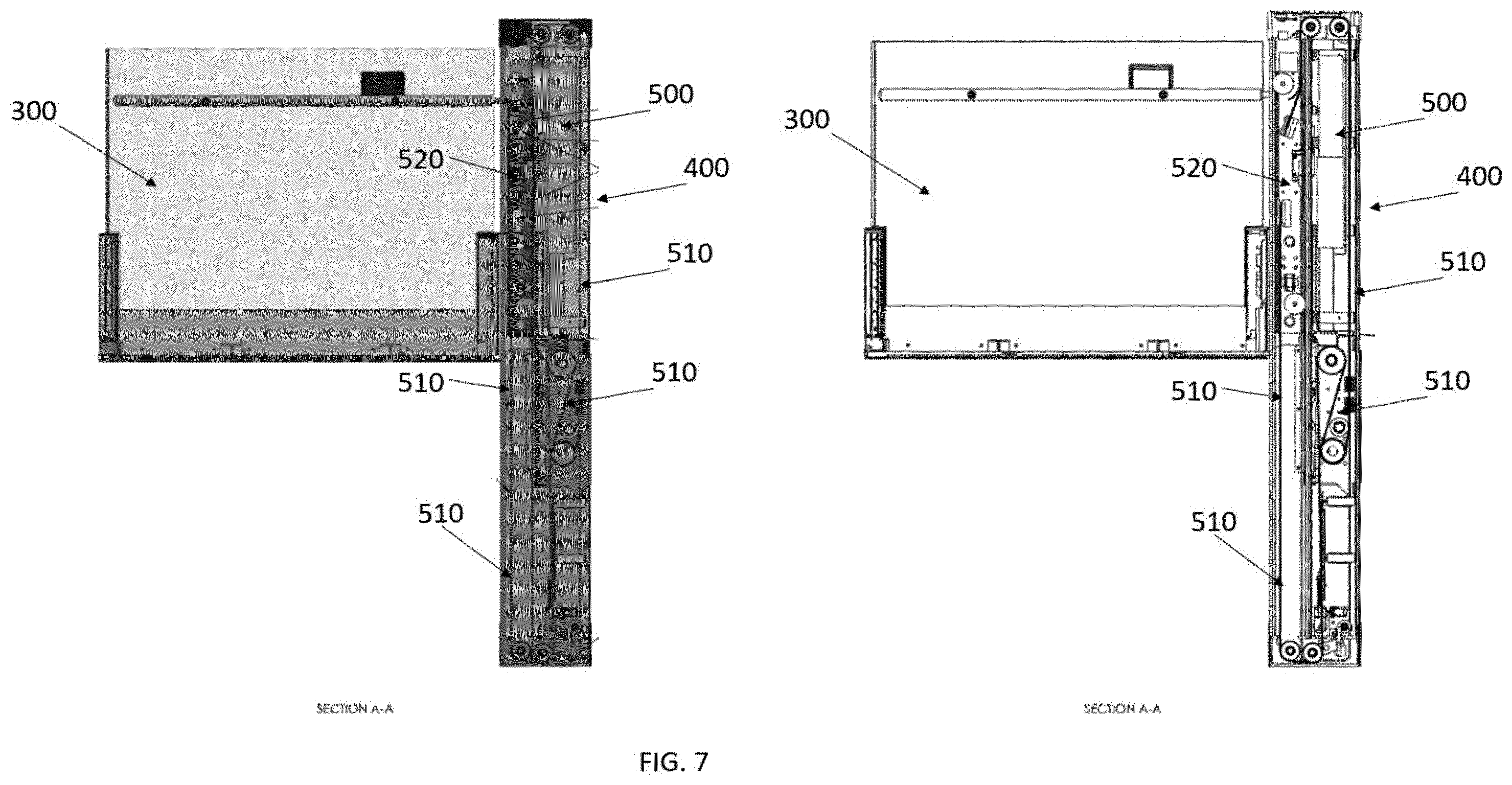 Patent US12552640 Figure 7 – Drive unit placement and access openings for a platform lifting system