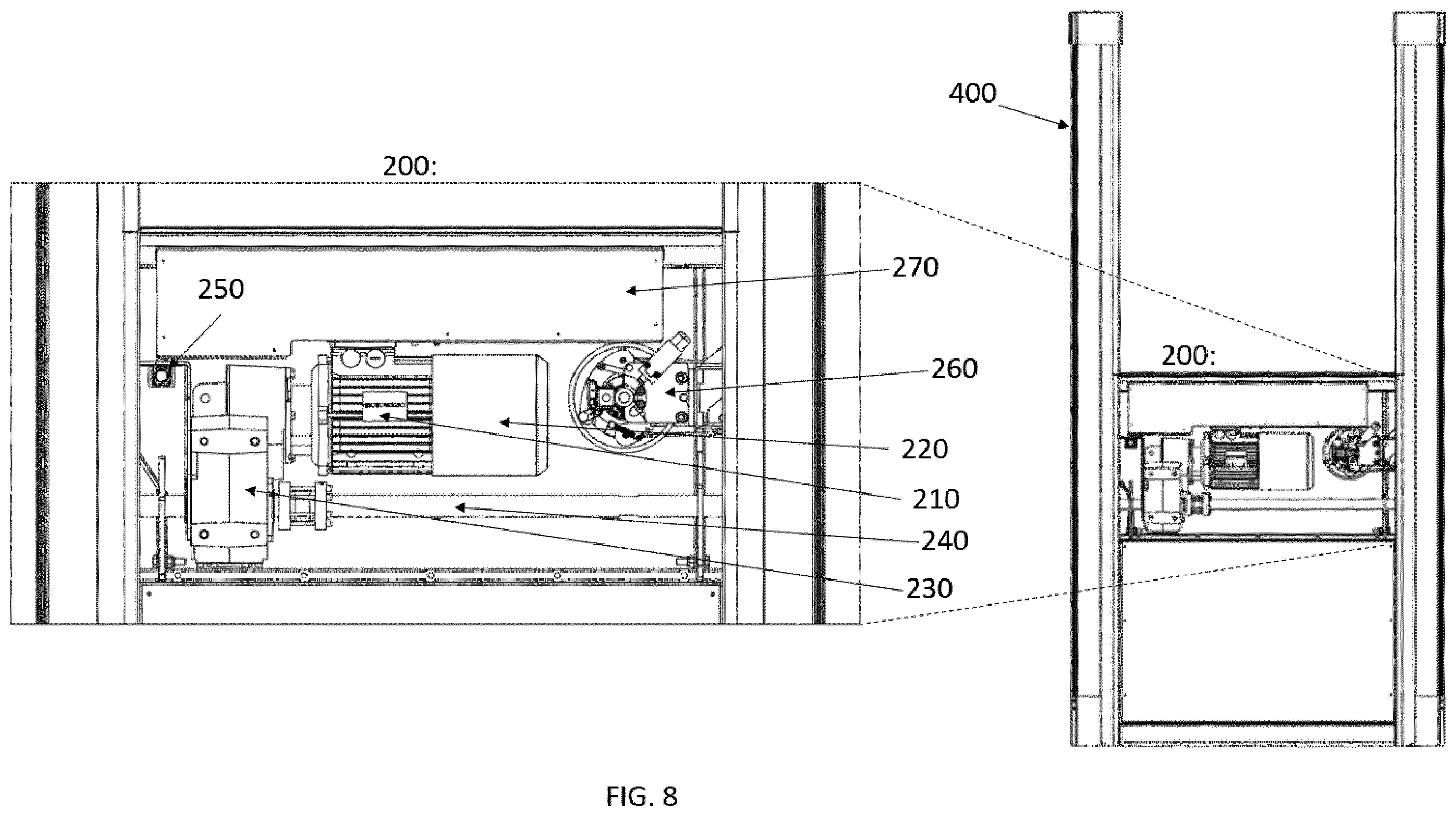 Patent US12552640 Figure 8 – Drive unit placement and access openings for a platform lifting system