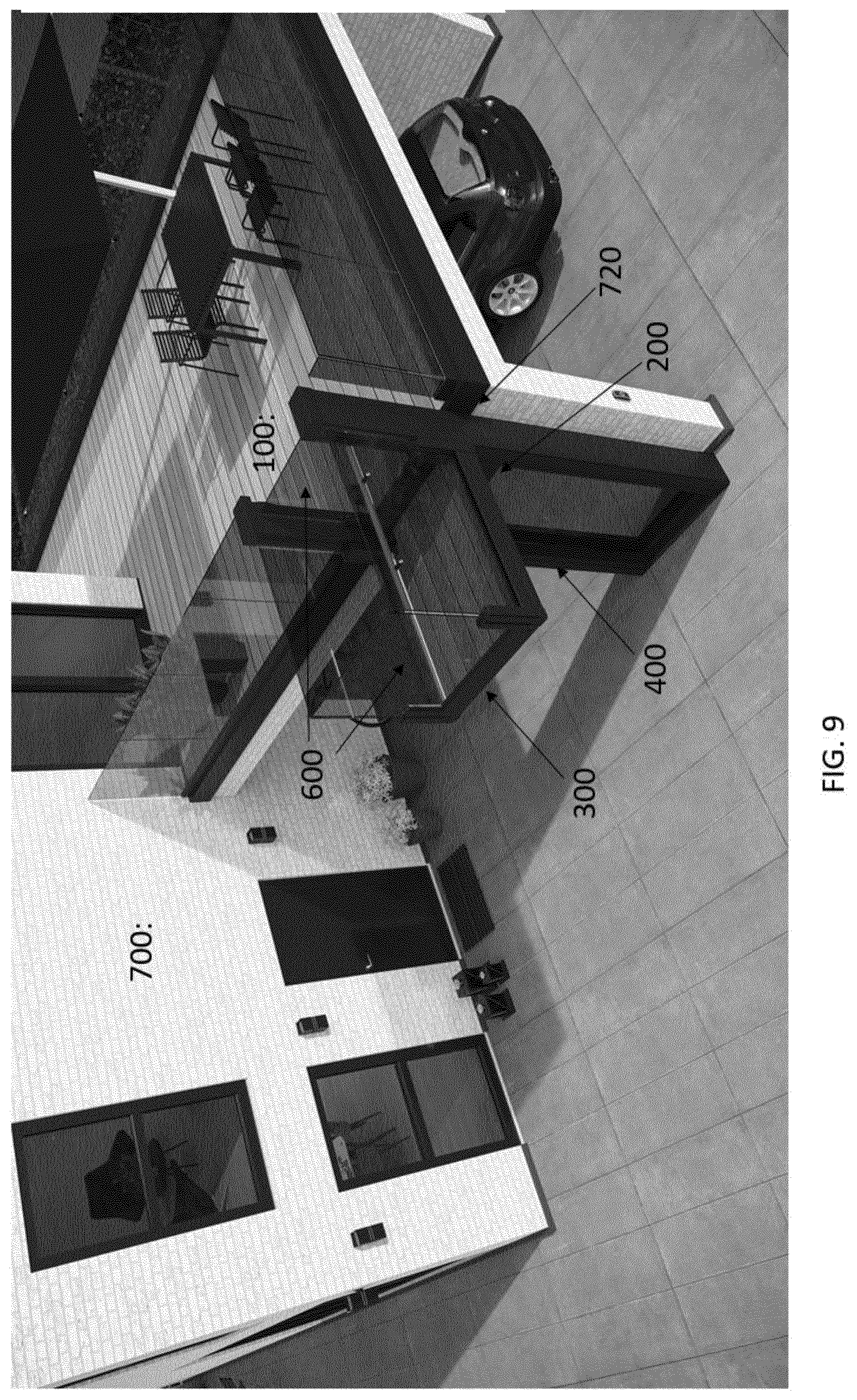 Patent US12552640 Figure 9 – Drive unit placement and access openings for a platform lifting system