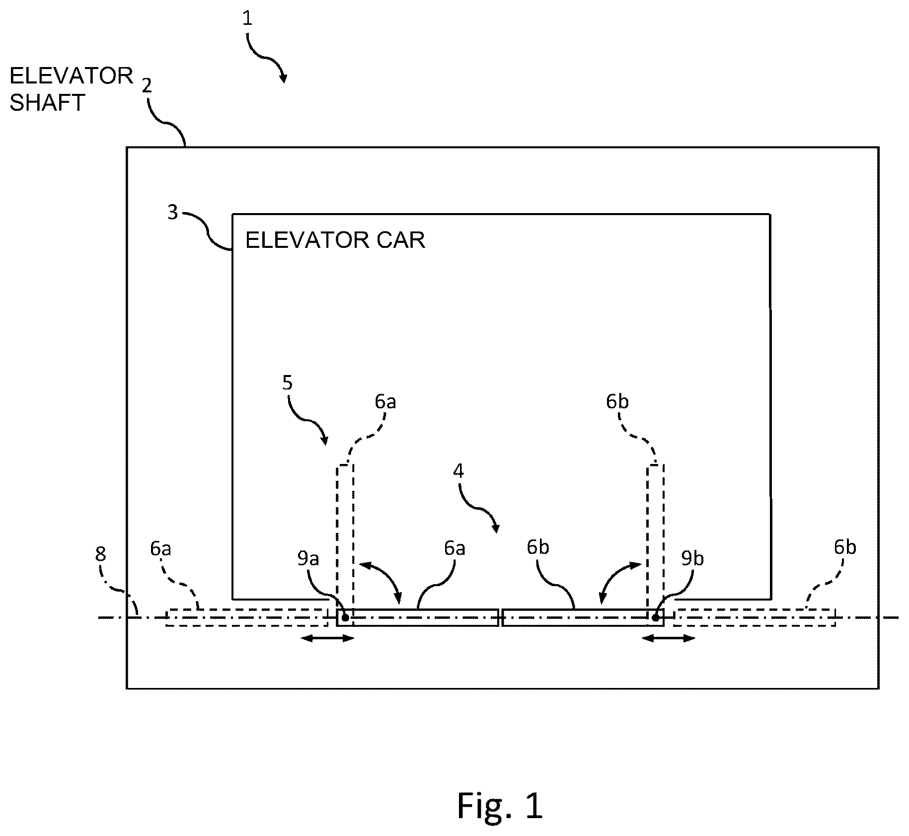 Patent US12552641 Figure 1 – Door system for an elevator car, elevator system and method for evacuating an elevator car