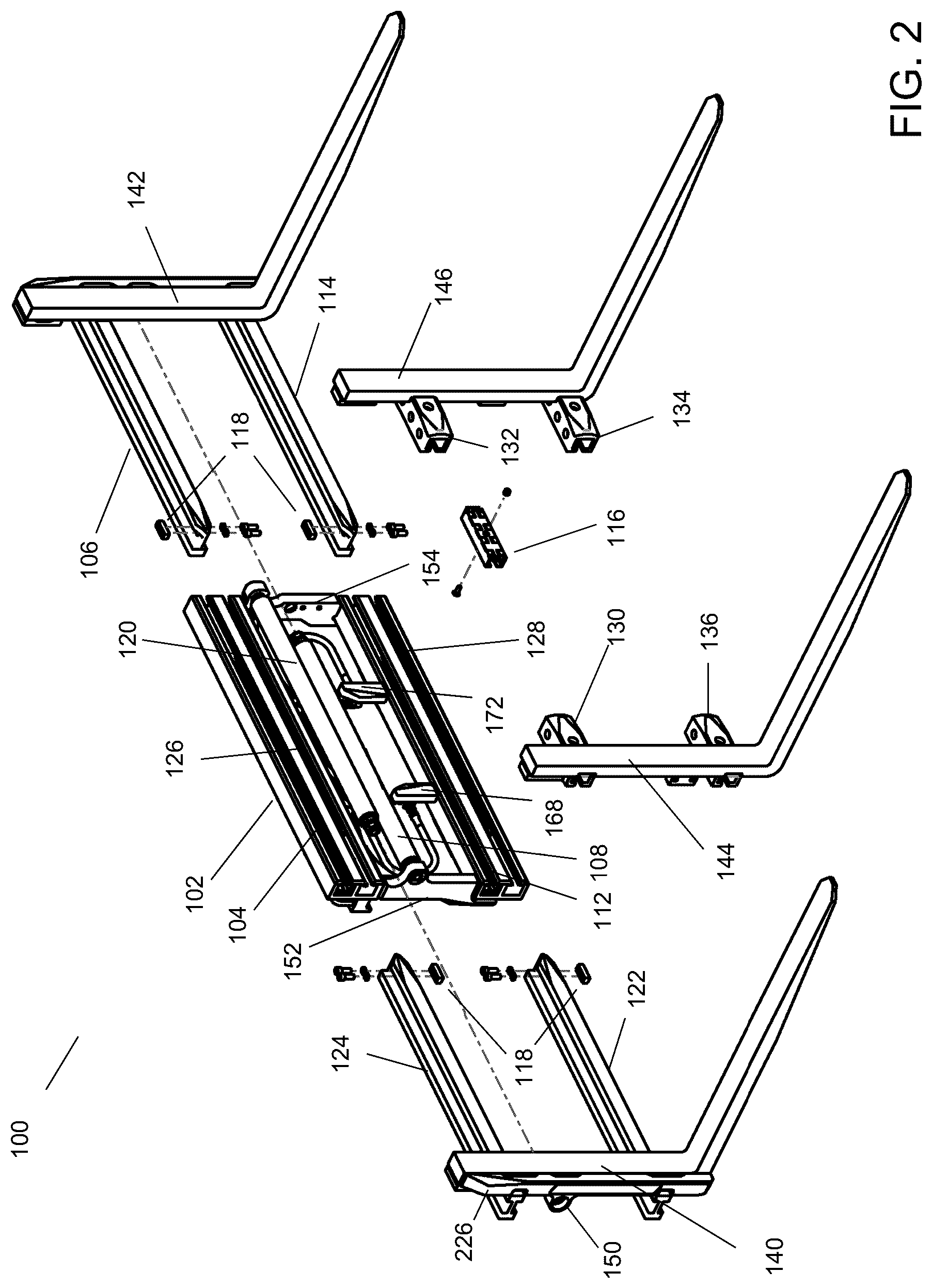 Patent US12552652 Figure 2 – Load handler for lift truck with segmented channel bearings