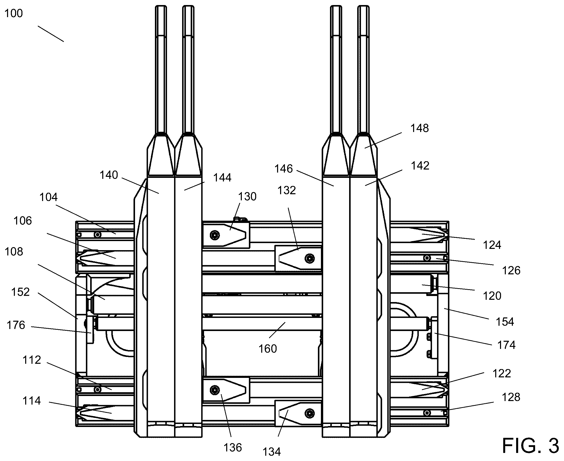 Patent US12552652 Figure 3 – Load handler for lift truck with segmented channel bearings