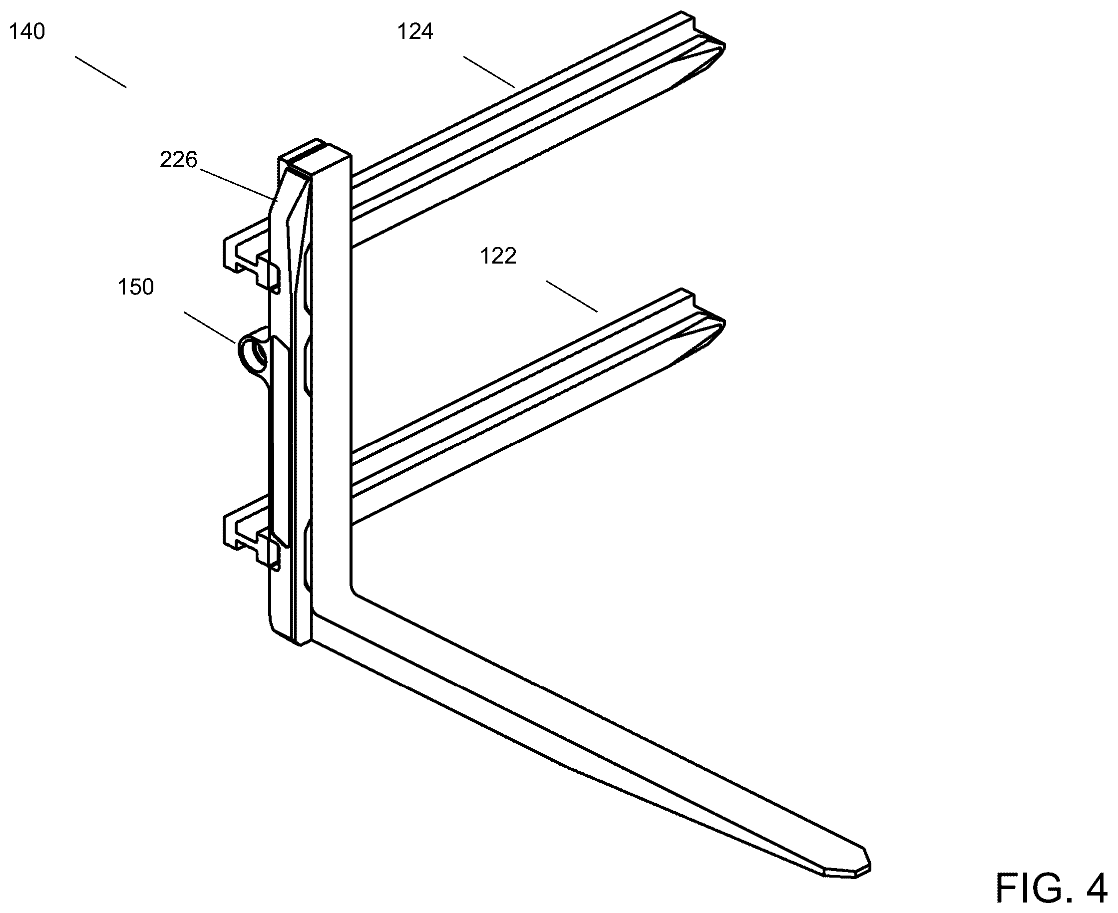Patent US12552652 Figure 4 – Load handler for lift truck with segmented channel bearings
