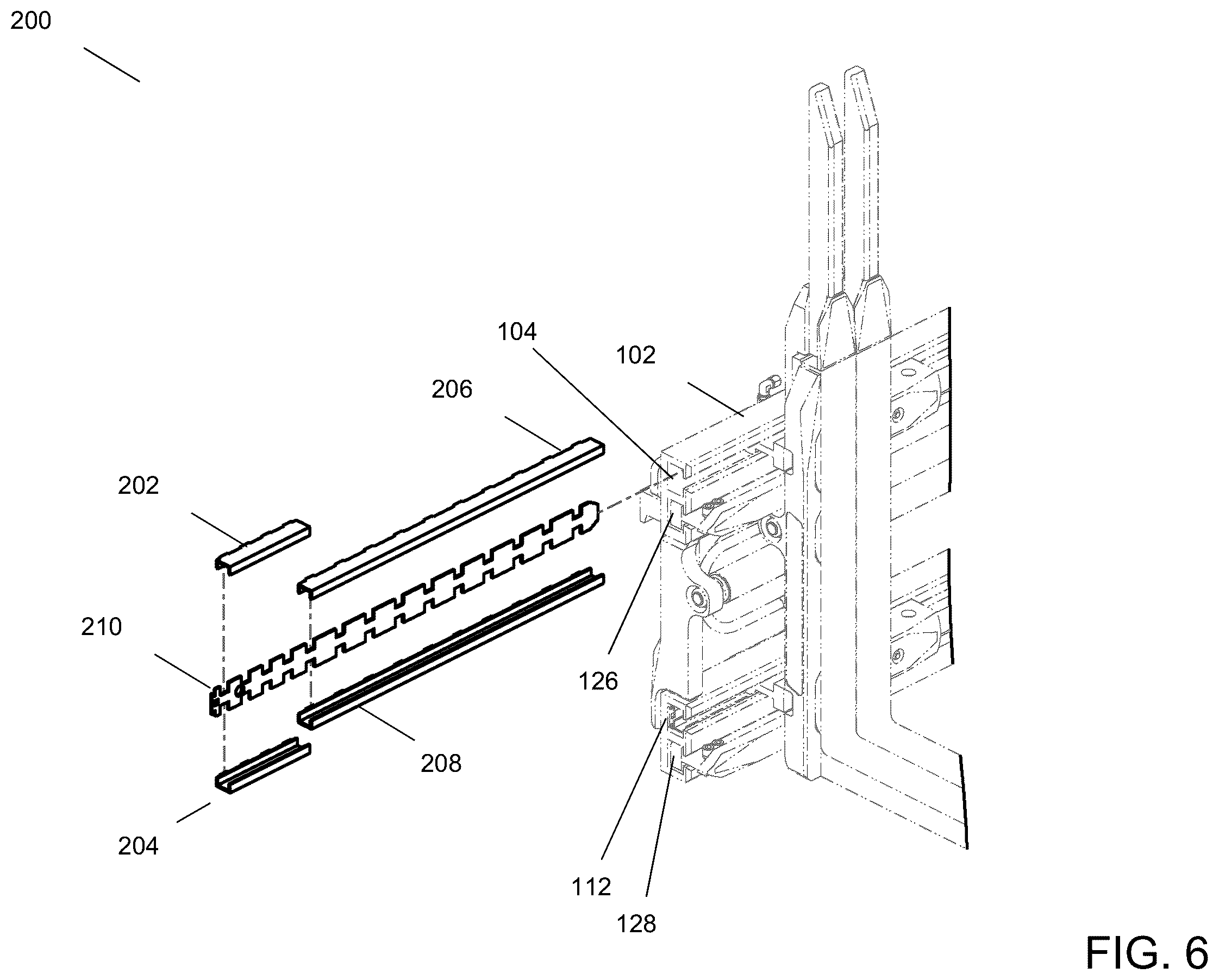 Patent US12552652 Figure 6 – Load handler for lift truck with segmented channel bearings