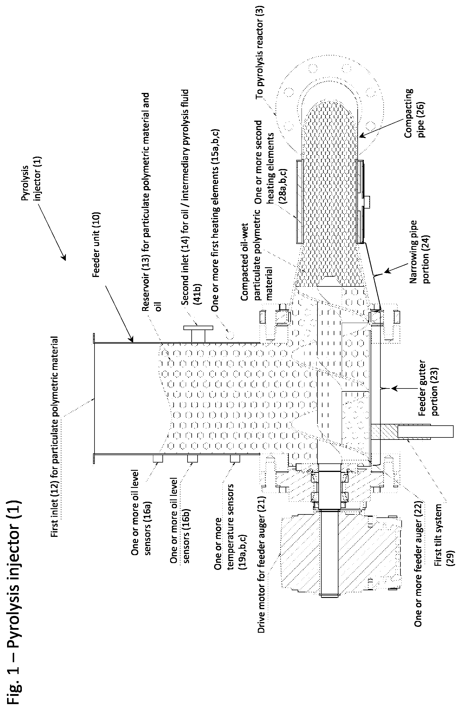 Patent US12552994 Figure 1 – Injector, reactor, apparatus and process for pyrolysis of polymeric material