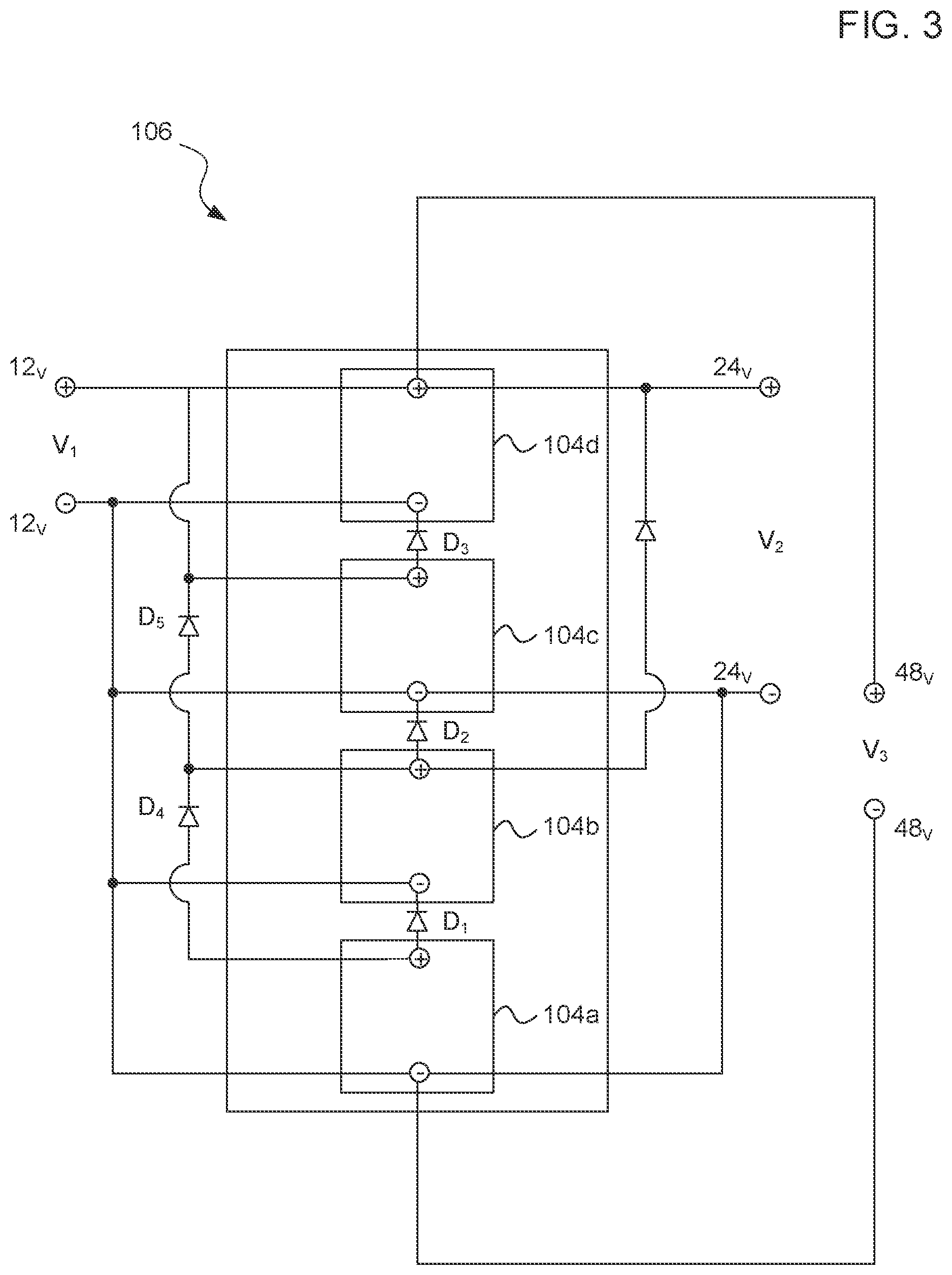 Patent US12556023 Figure 3 – Modular battery pack system with multi-voltage bus