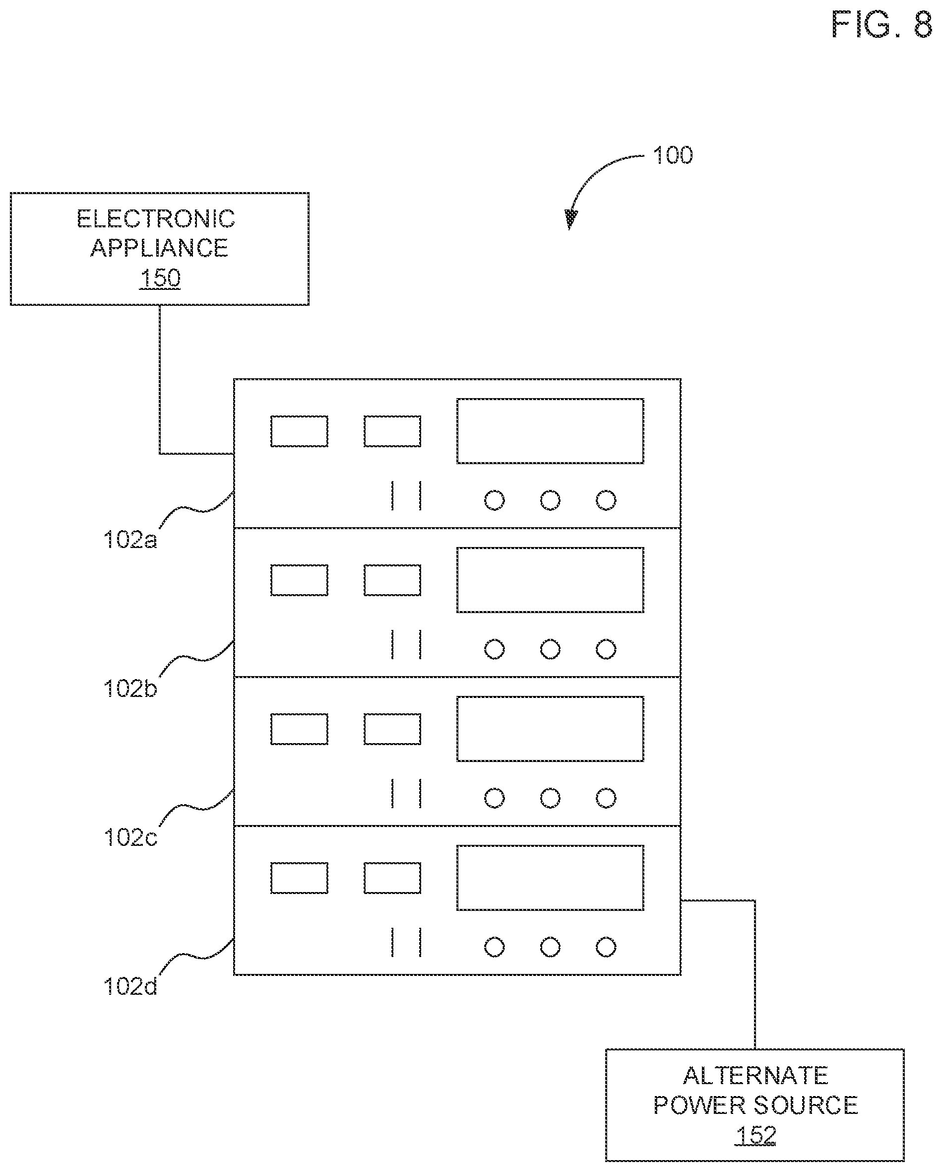 Patent US12556023 Figure 8 – Modular battery pack system with multi-voltage bus