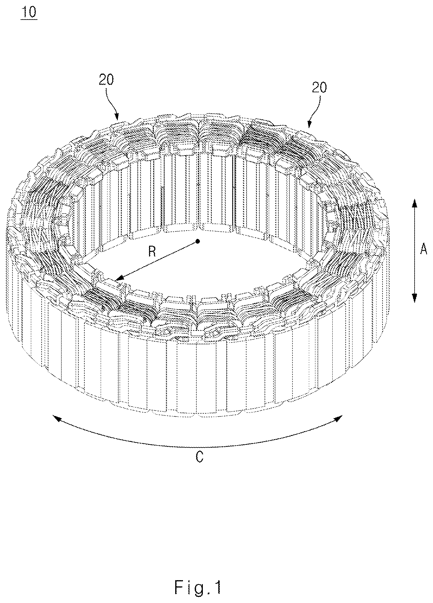 Patent US12556054 Figure 1 – Stator with improved busbars and motor including the same