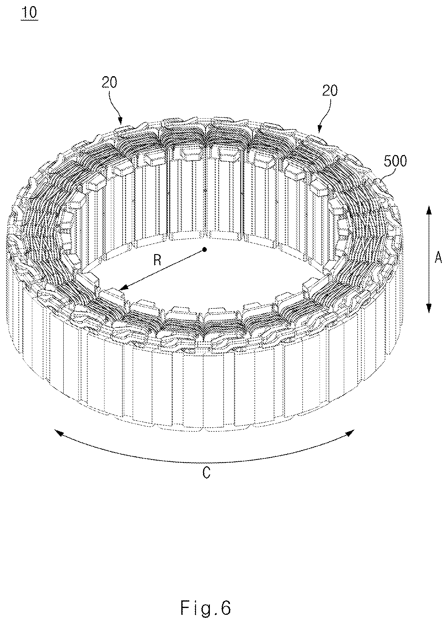 Patent US12556054 Figure 6 – Stator with improved busbars and motor including the same