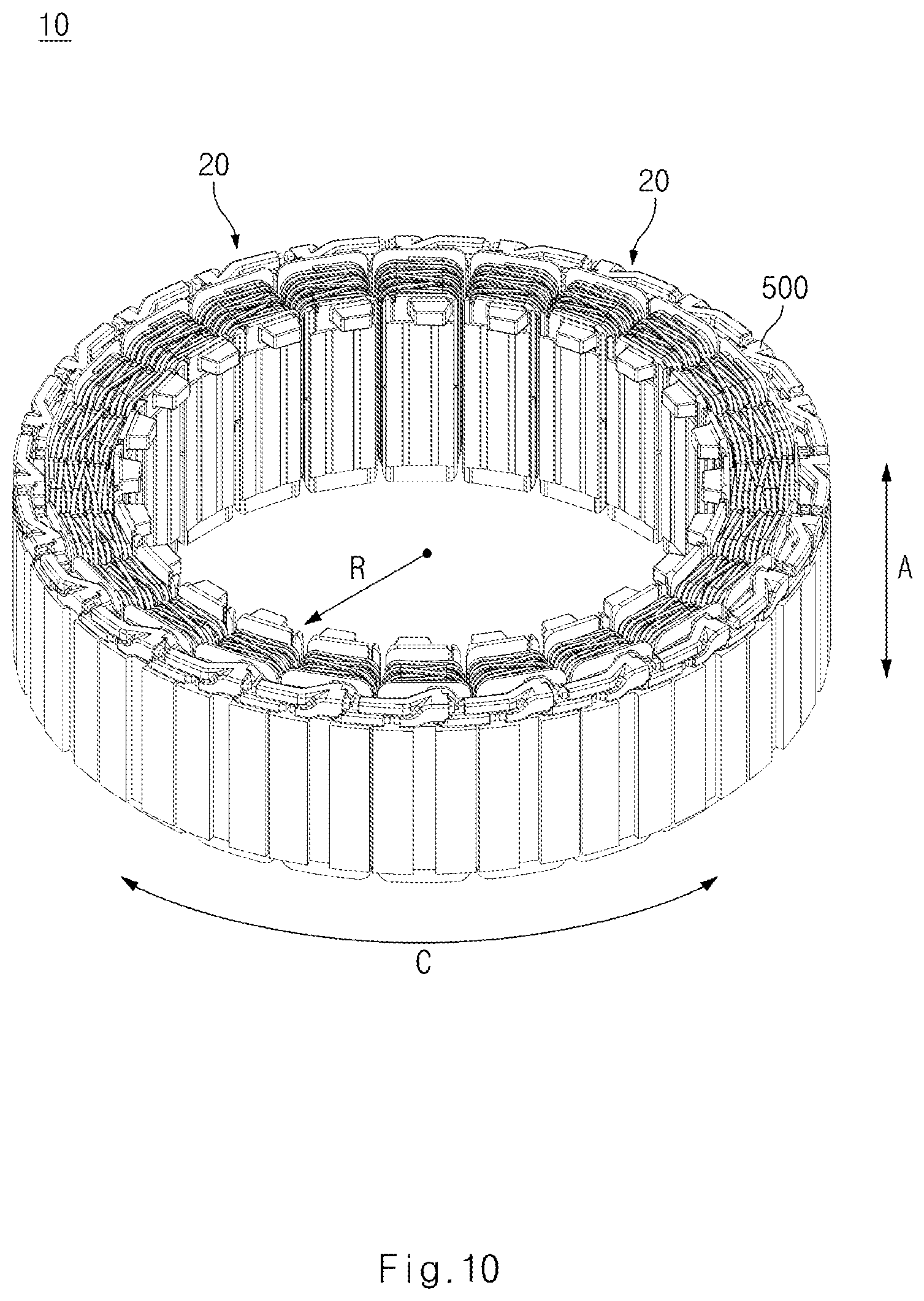 Patent US12556054 Figure 10 – Stator with improved busbars and motor including the same