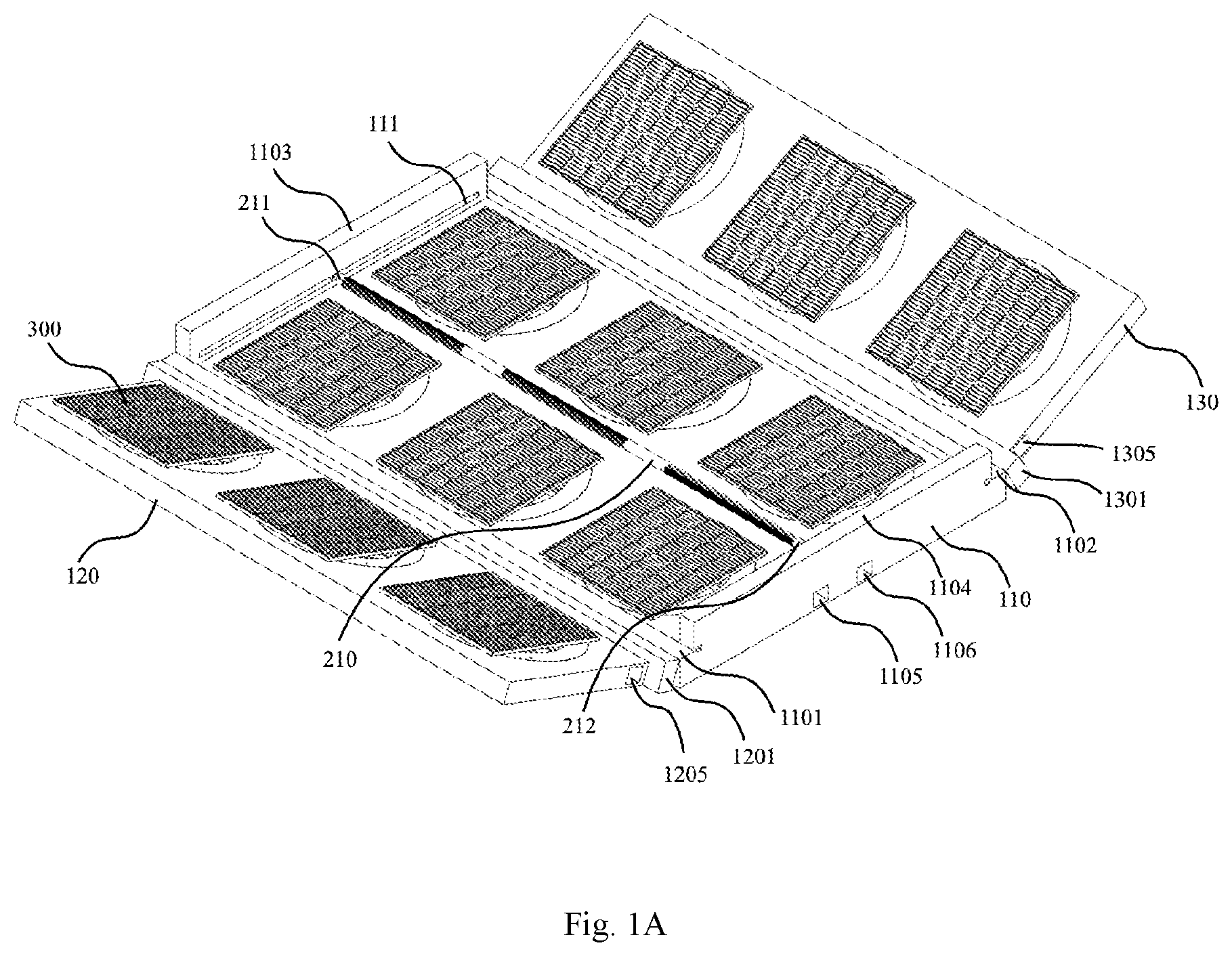 Patent US12556135 Figure 1 – Self-cleaning foldable solar panel system