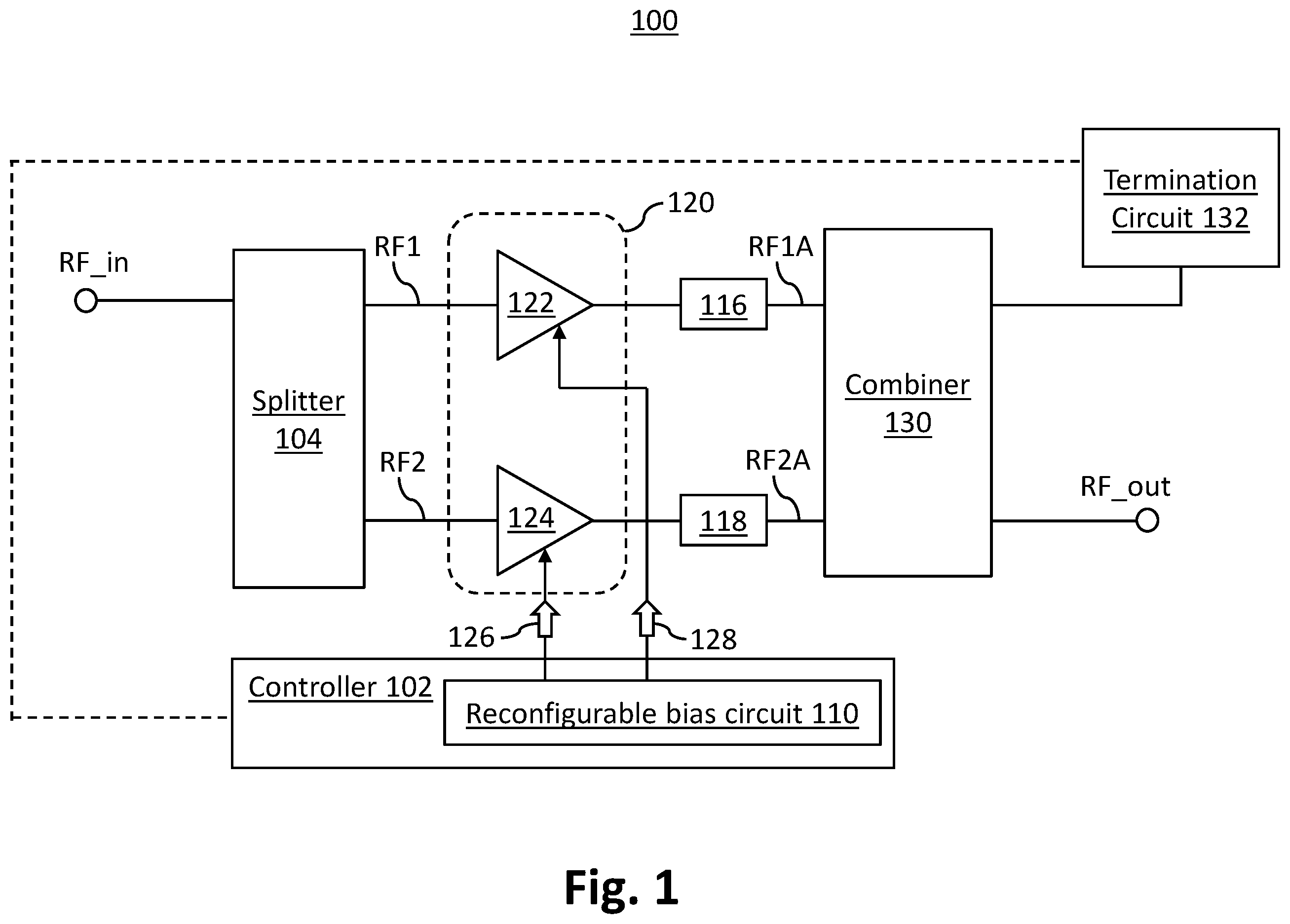 Patent US12556142 Figure 1 – Reconfigurable and tunable power amplifier