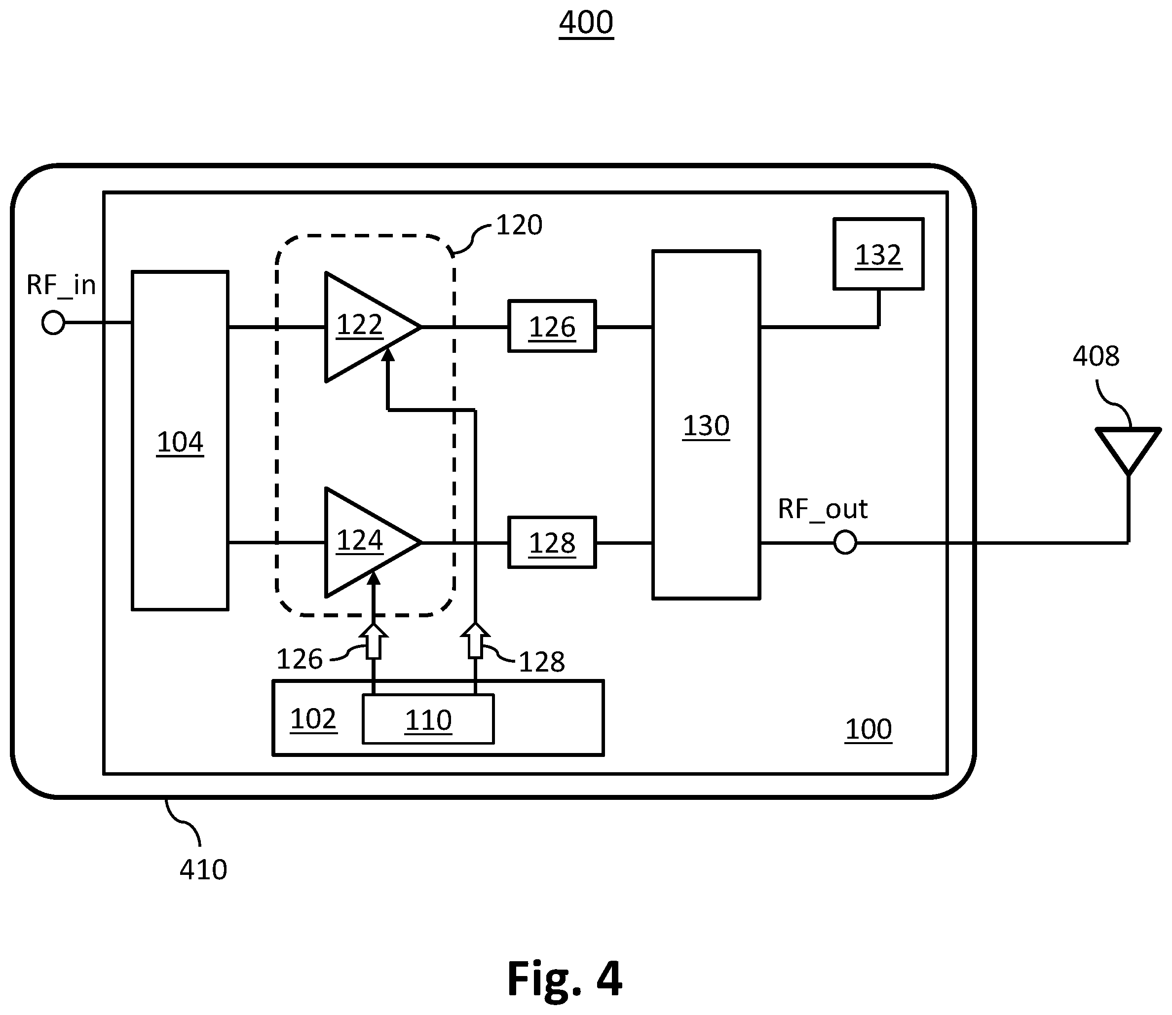 Patent US12556142 Figure 4 – Reconfigurable and tunable power amplifier