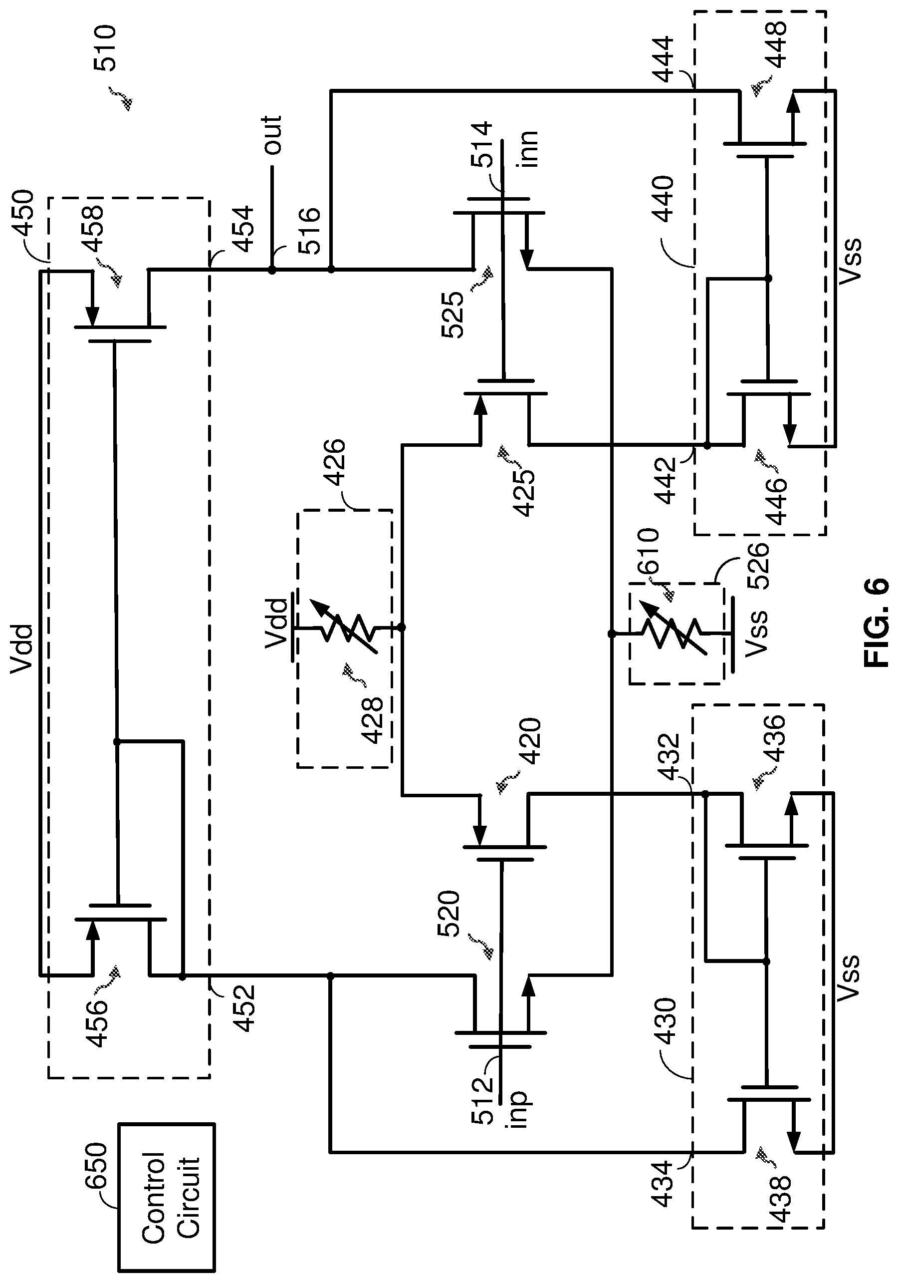 Patent US12556148 Figure 8 – Hybrid low power rail to rail amplifier with leakage control