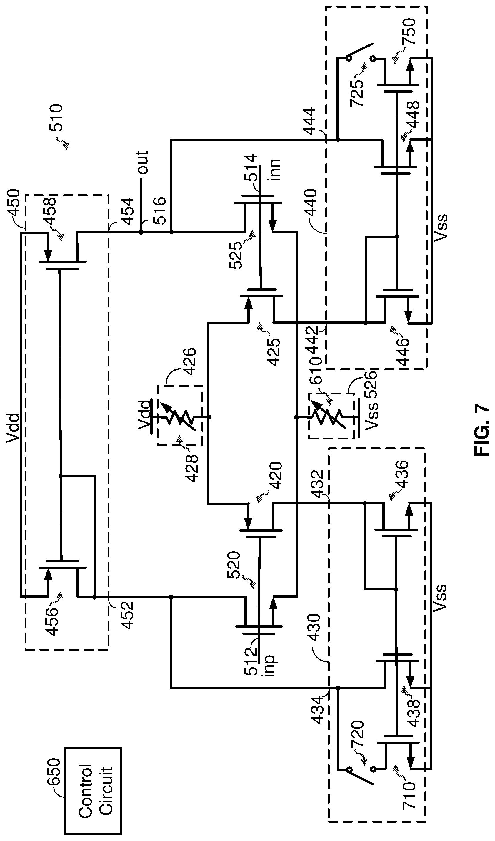 Patent US12556148 Figure 9 – Hybrid low power rail to rail amplifier with leakage control