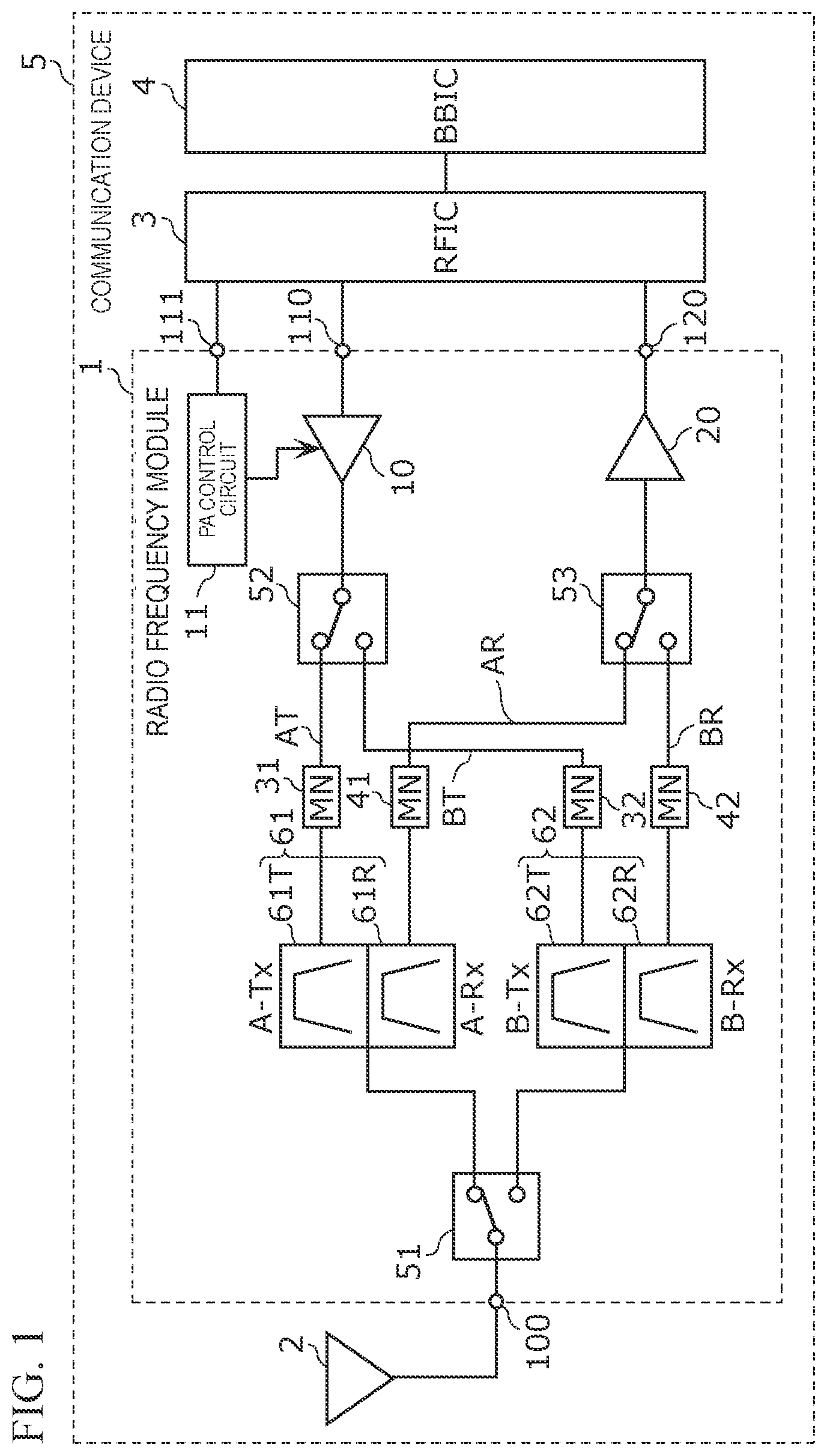 Patent US12556213 Figure 1 – Radio frequency module and communication device