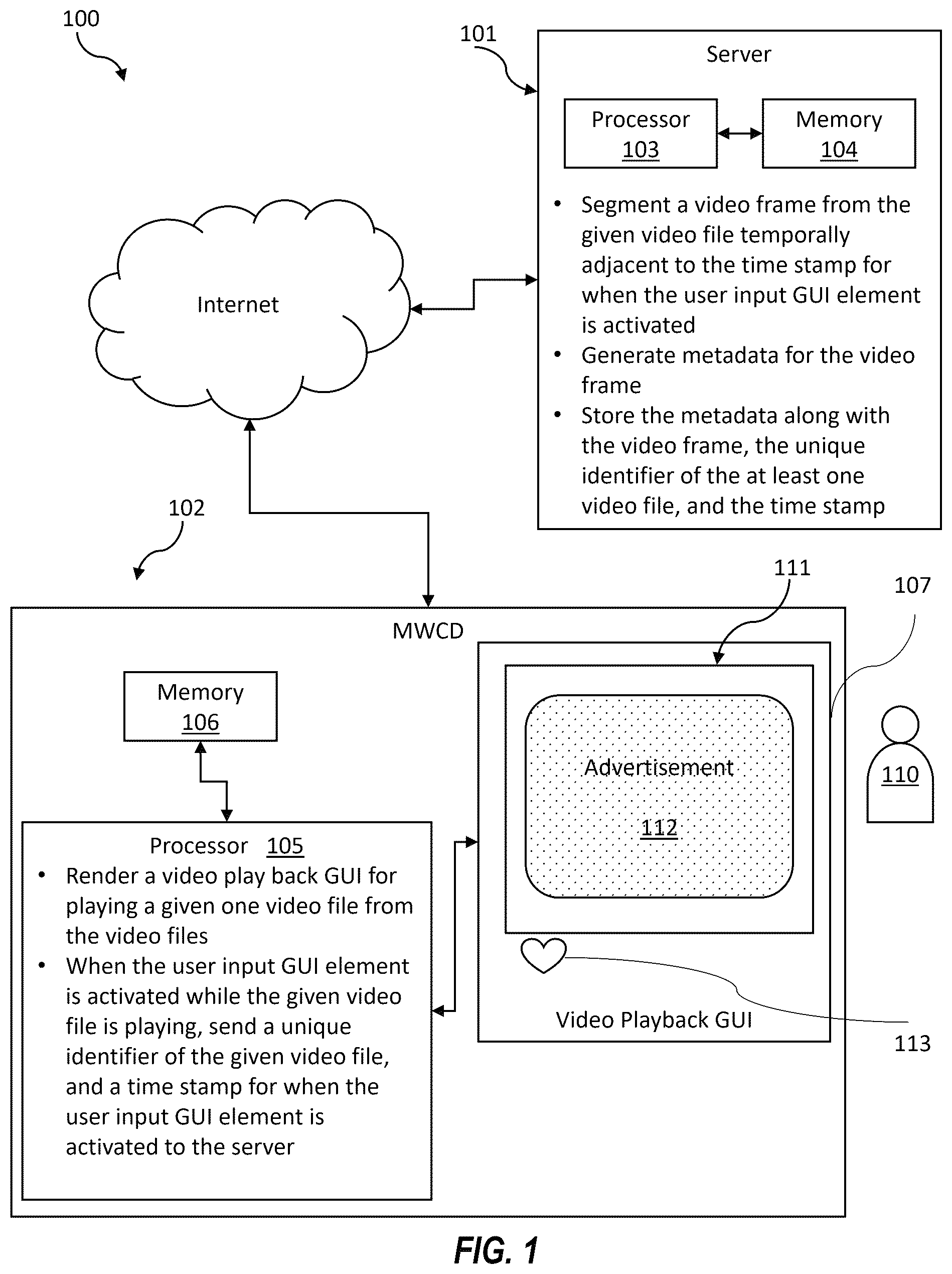 Patent US12556771 Figure 1 – Video system with intra-video user input and related methods