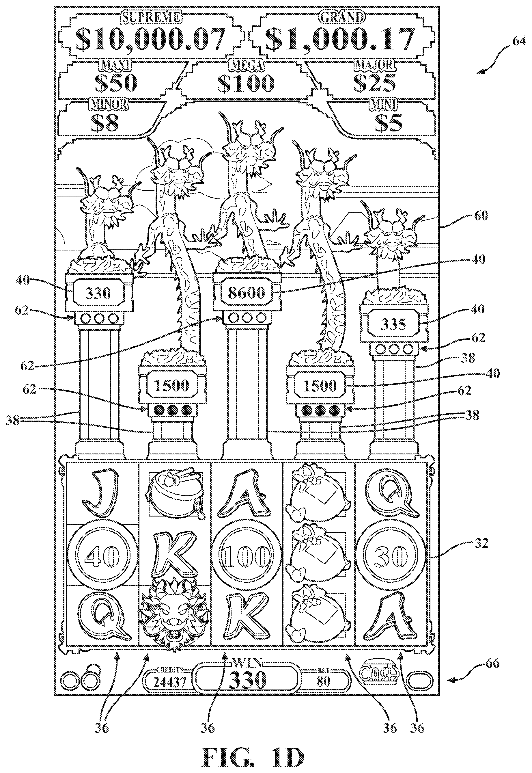 Patent US12562028 Figure 4 – Wager-based game having persistent gaming feature with prize accumulator and prize counter associated with triggering symbols provided by a gaming machine