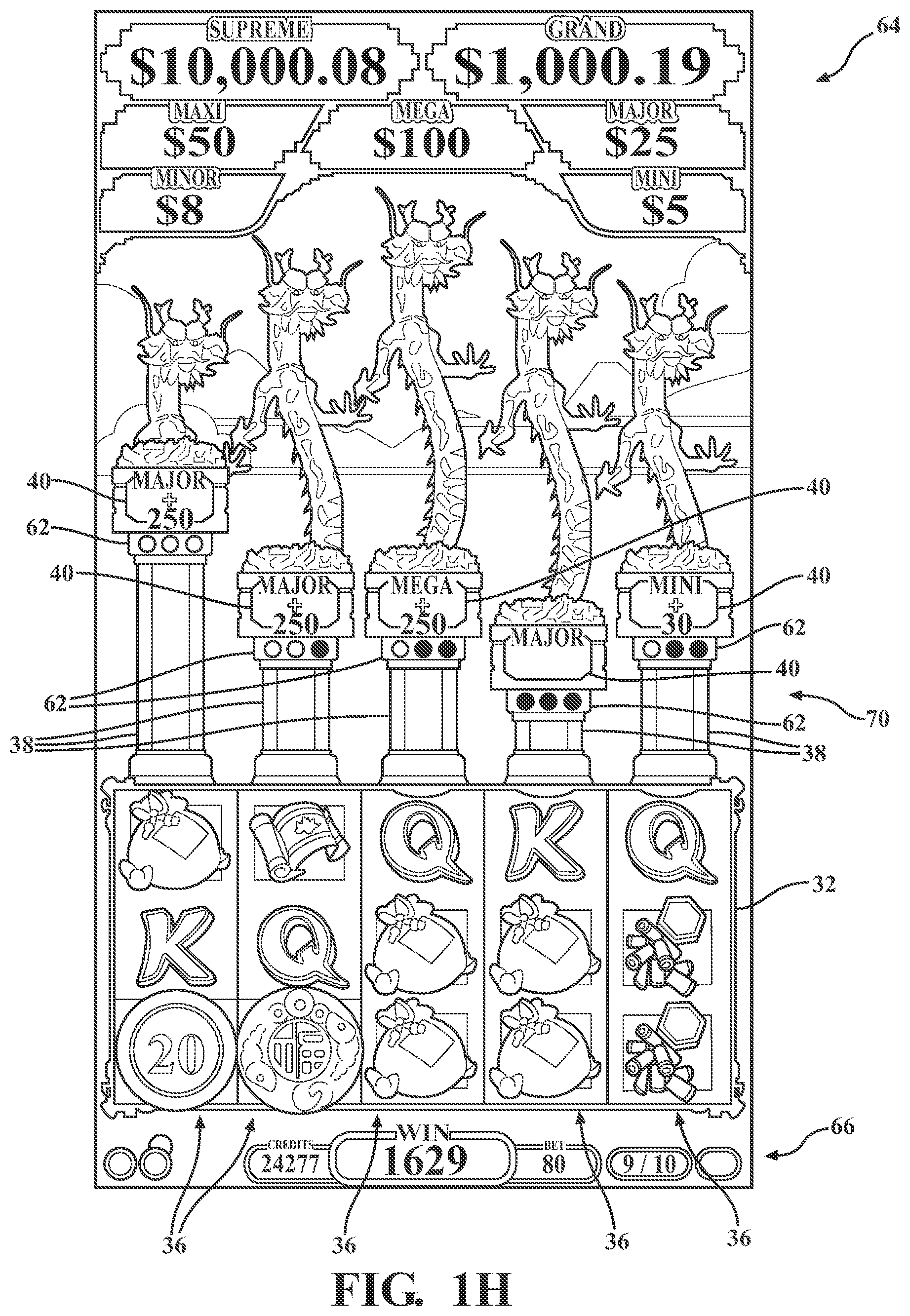 Patent US12562028 Figure 10 – Wager-based game having persistent gaming feature with prize accumulator and prize counter associated with triggering symbols provided by a gaming machine