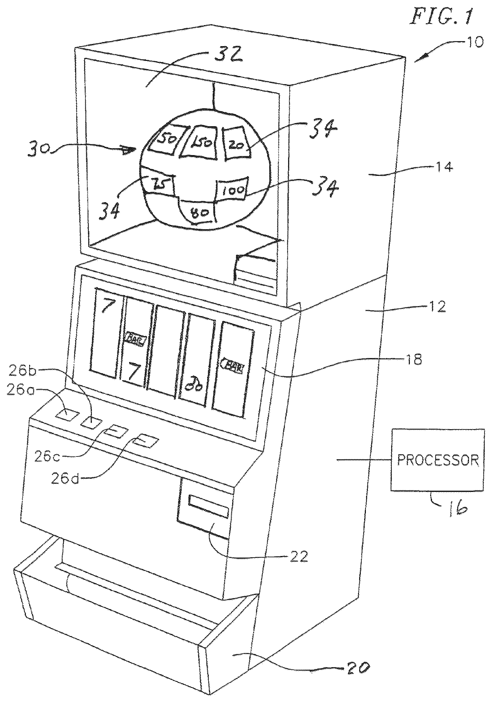 Patent US12562029 Figure 1 – Gaming device and method of conducting a game with a changeable bonus value feature
