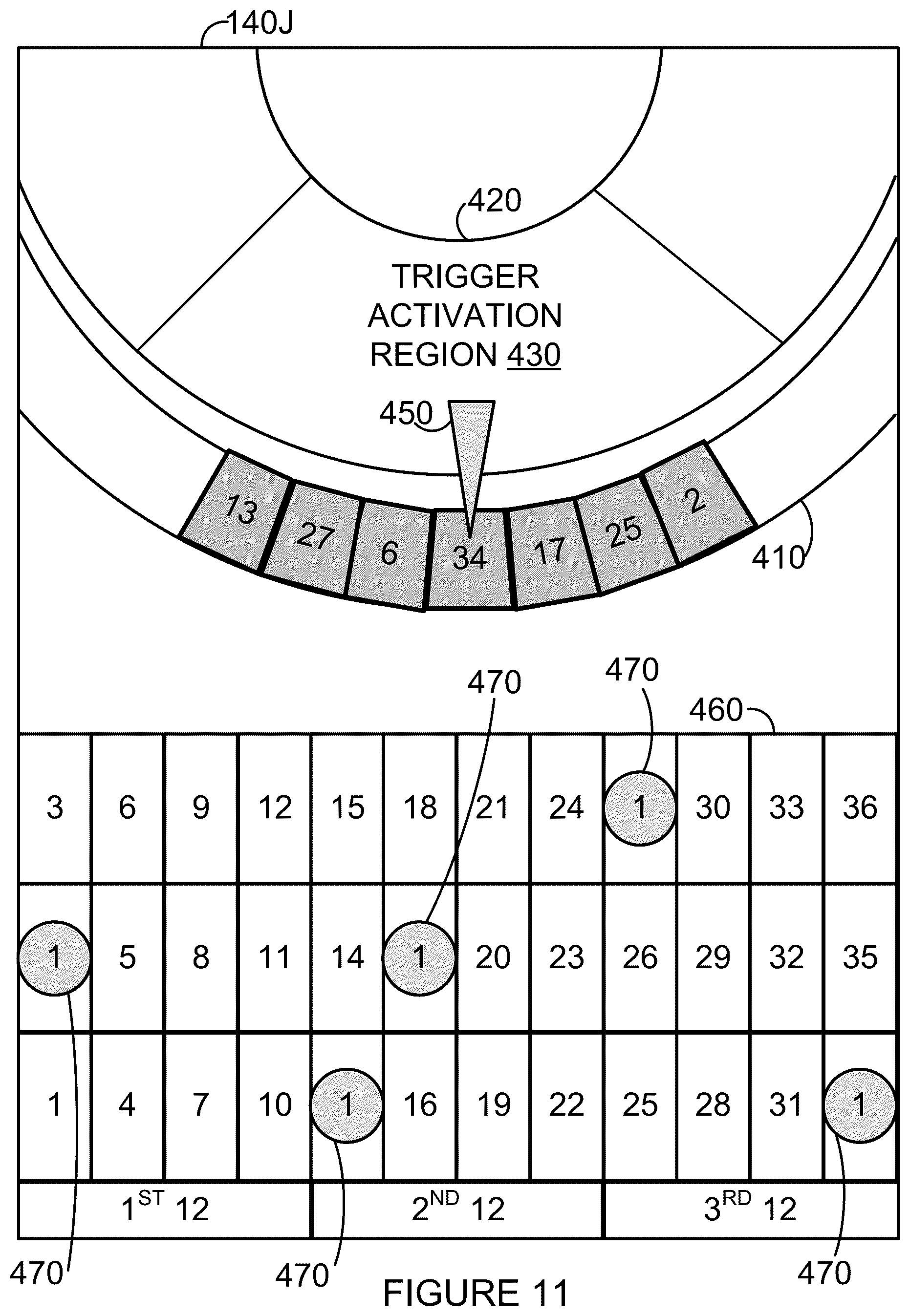 Patent US12562030 Figure 11 – Random trigger for computer-implemented game