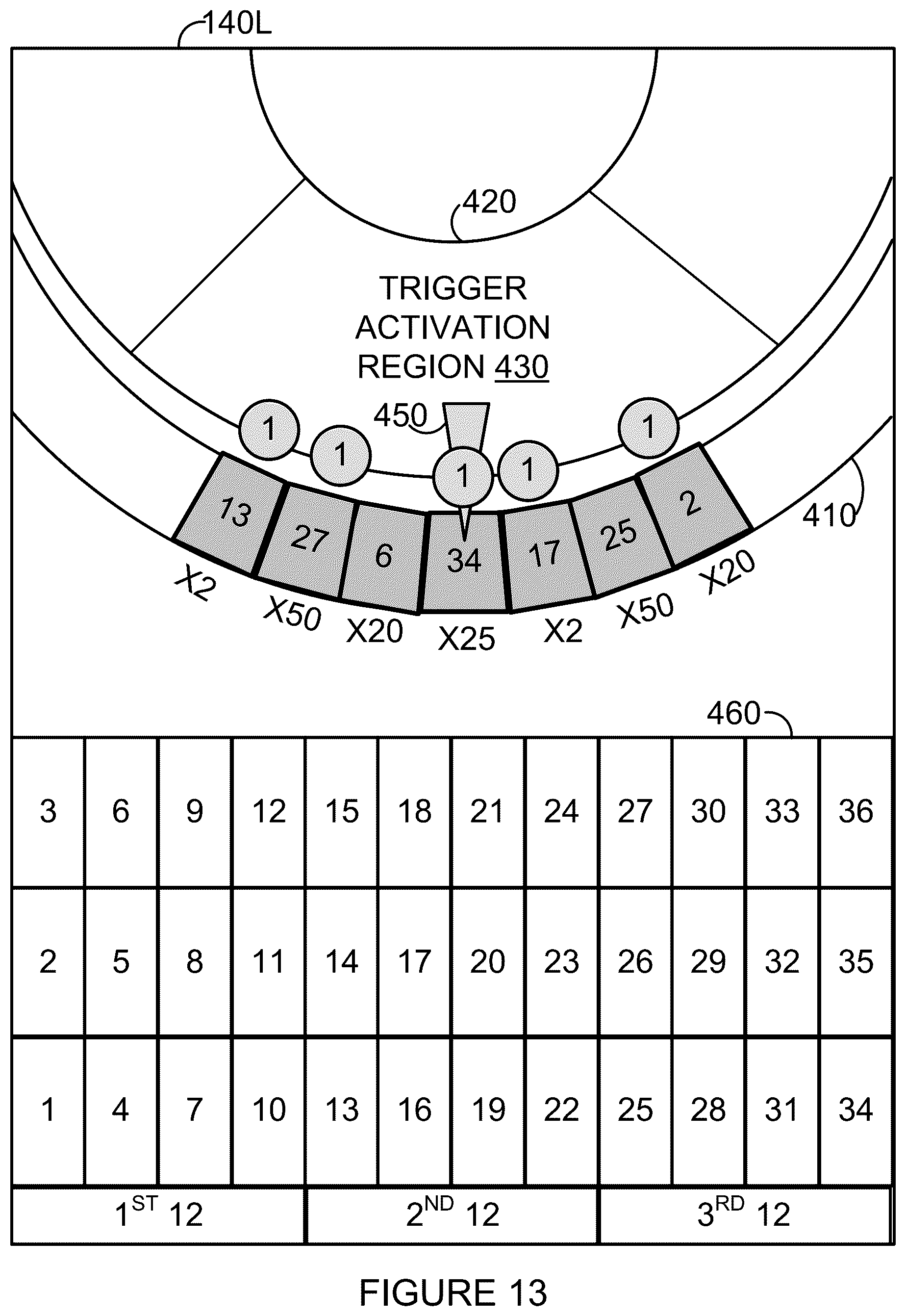 Patent US12562030 Figure 13 – Random trigger for computer-implemented game