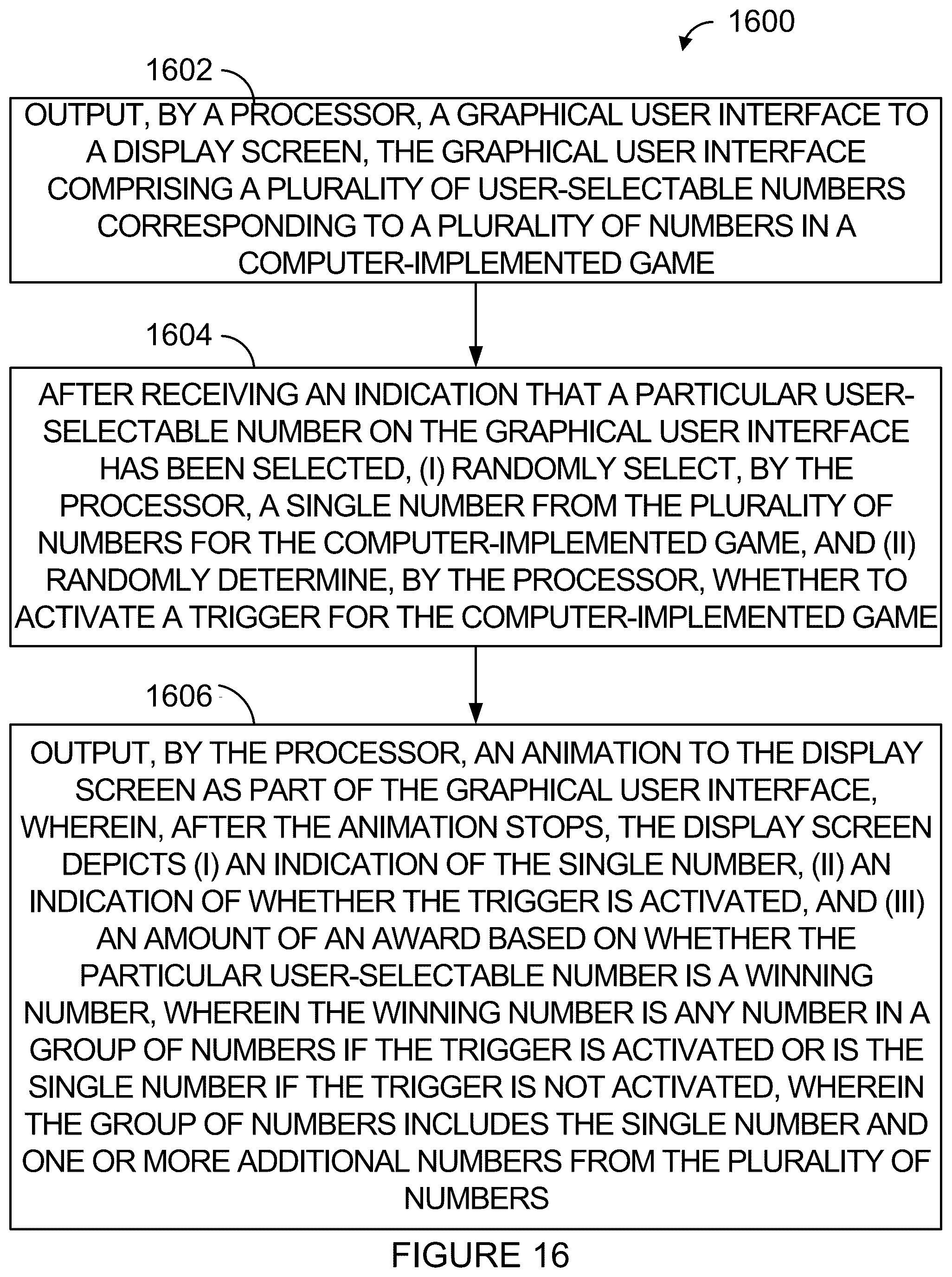 Patent US12562030 Figure 16 – Random trigger for computer-implemented game