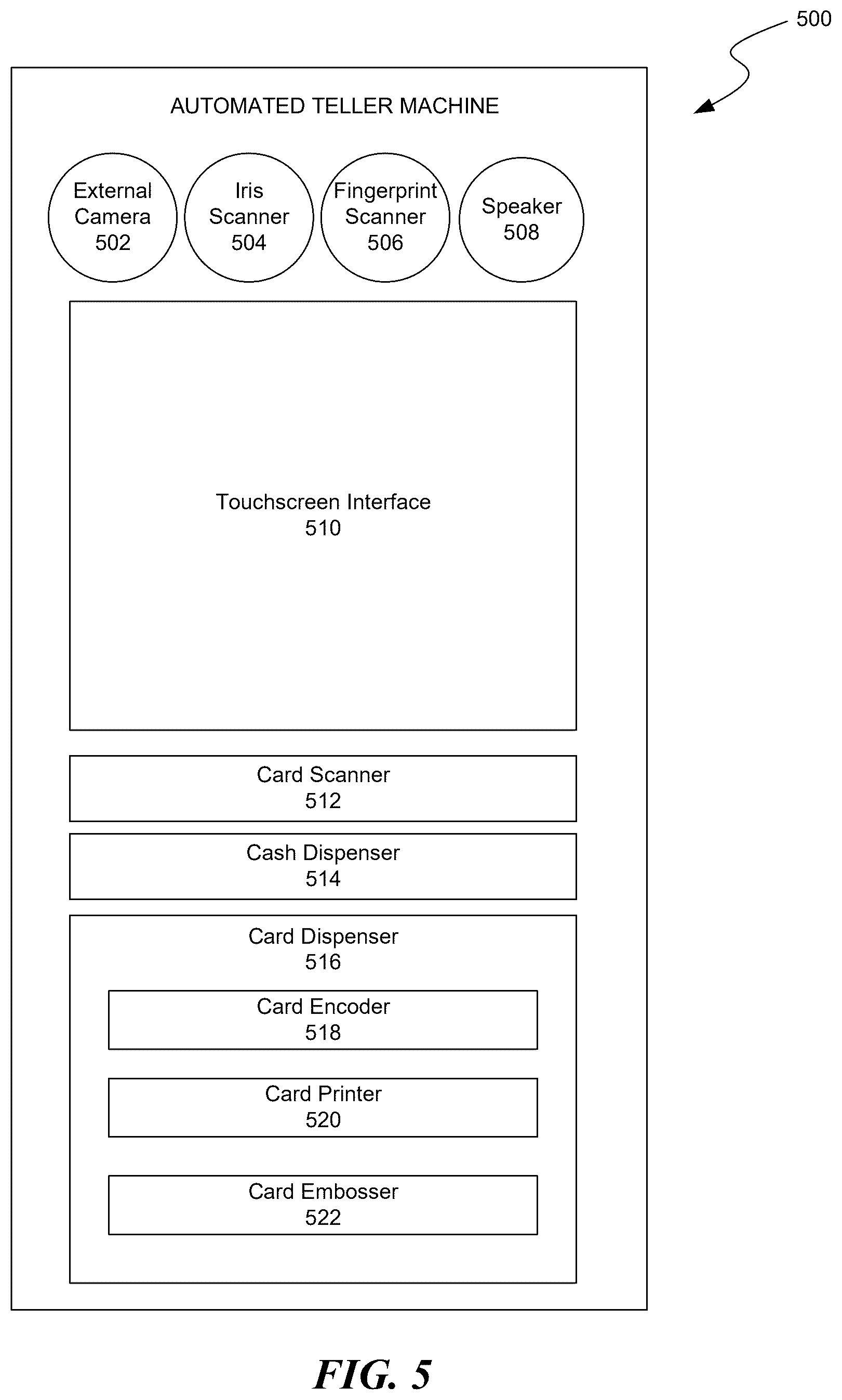 Patent US12562036 Figure 5 – Card replacement services by an automated teller machine