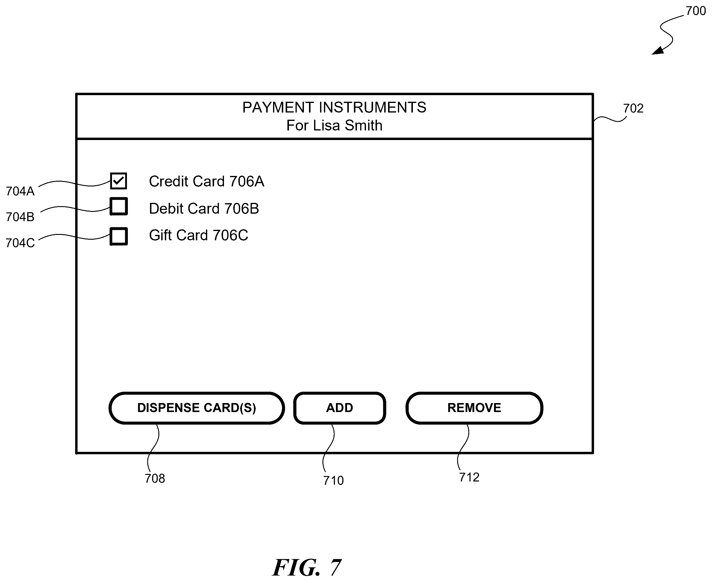 Patent US12562036 Figure 7 – Card replacement services by an automated teller machine
