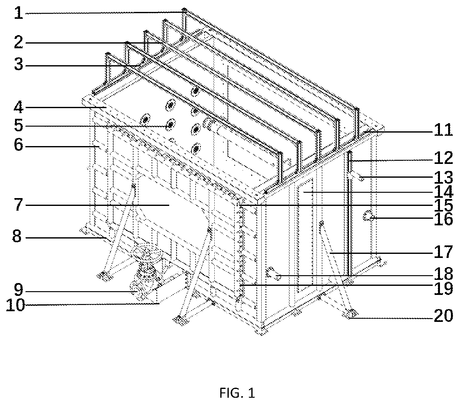 Patent US12562080 Figure 1 – Model box for leakage and collapse of buried pipeline capable of switching internal and external seepage working conditions