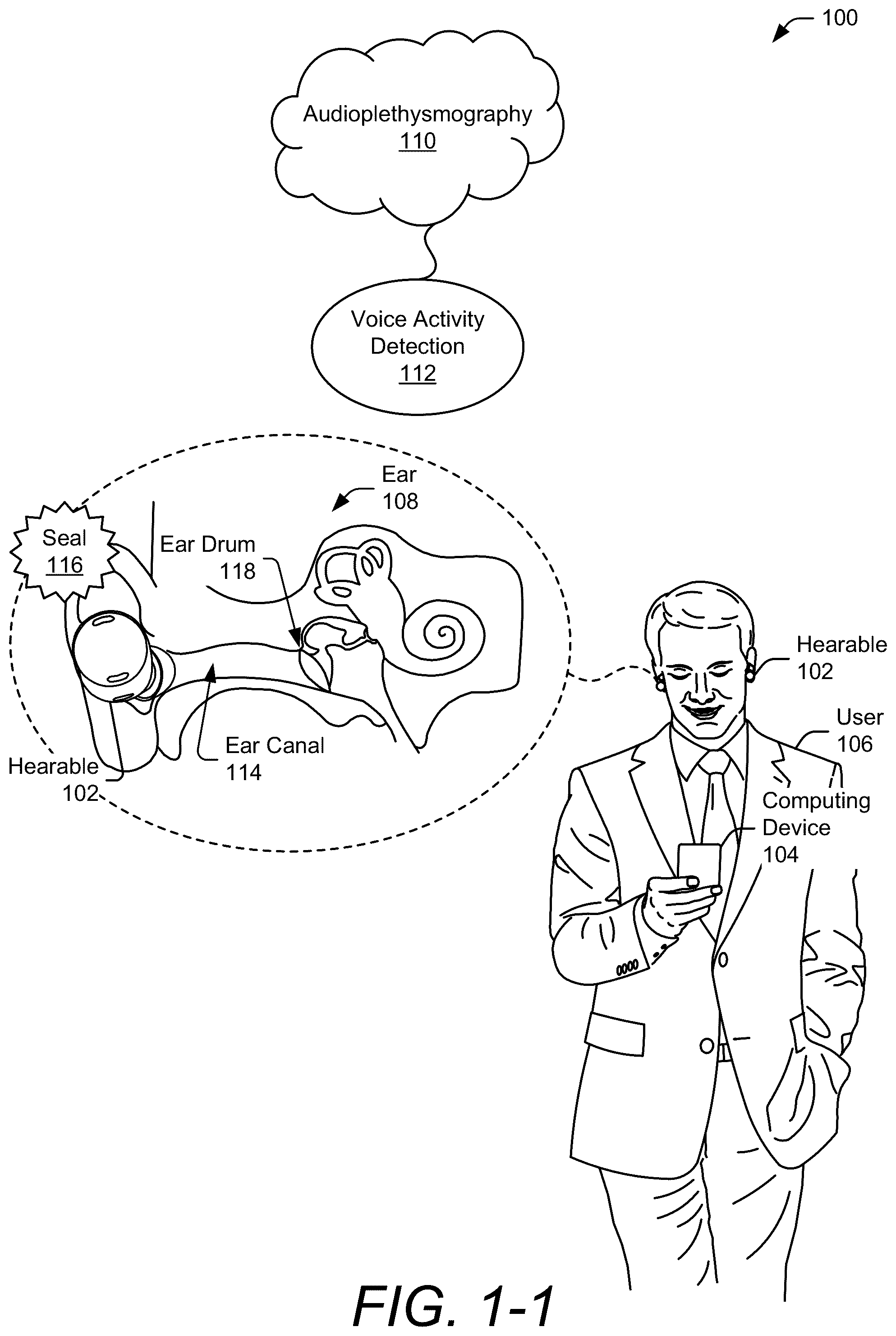 Patent US12562185 Figure 1 – Voice activity detection using active acoustic sensing