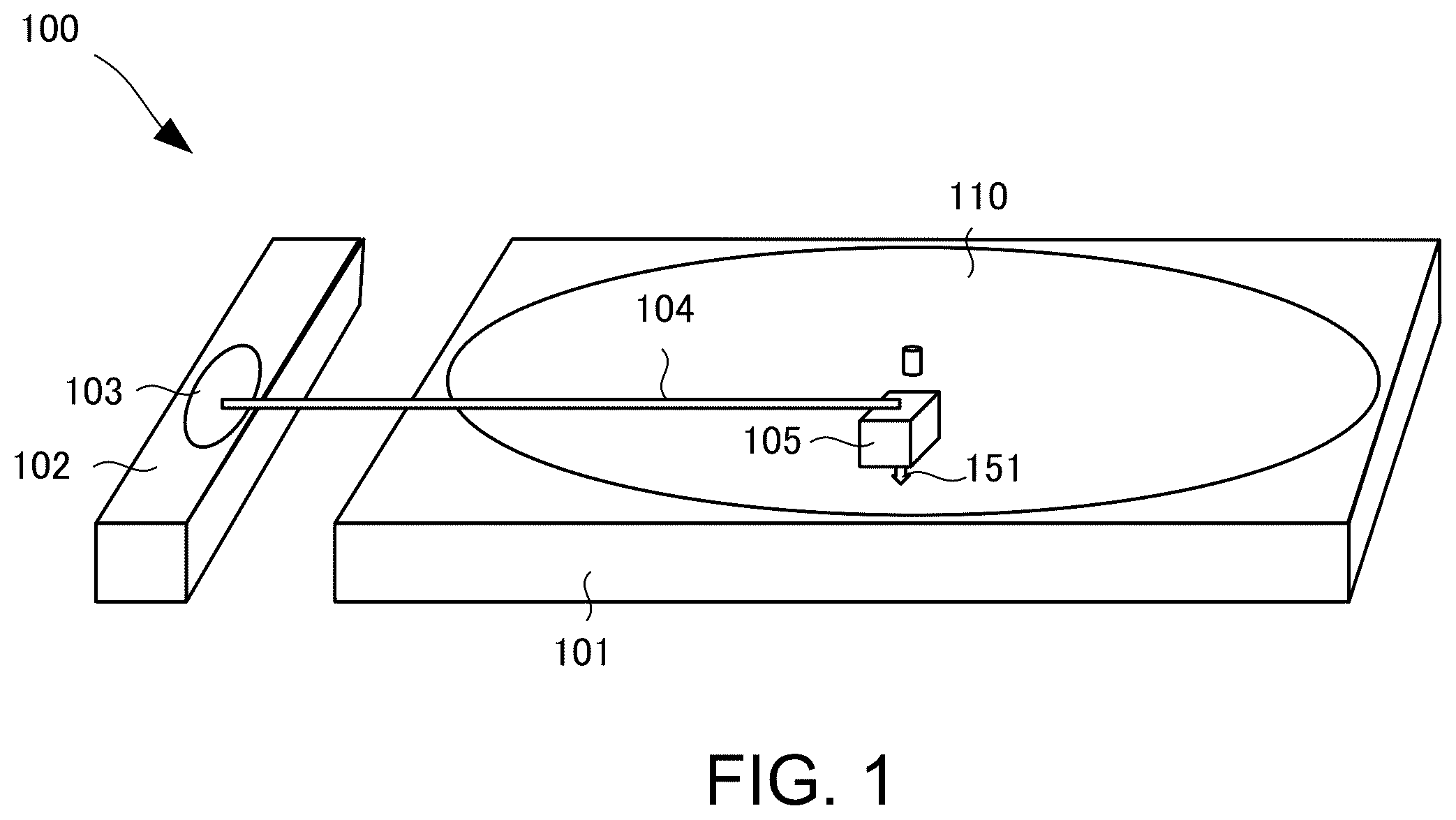 Patent US12562186 Figure 1 – Record player with arm extended from float for playing back high-quality stable sound