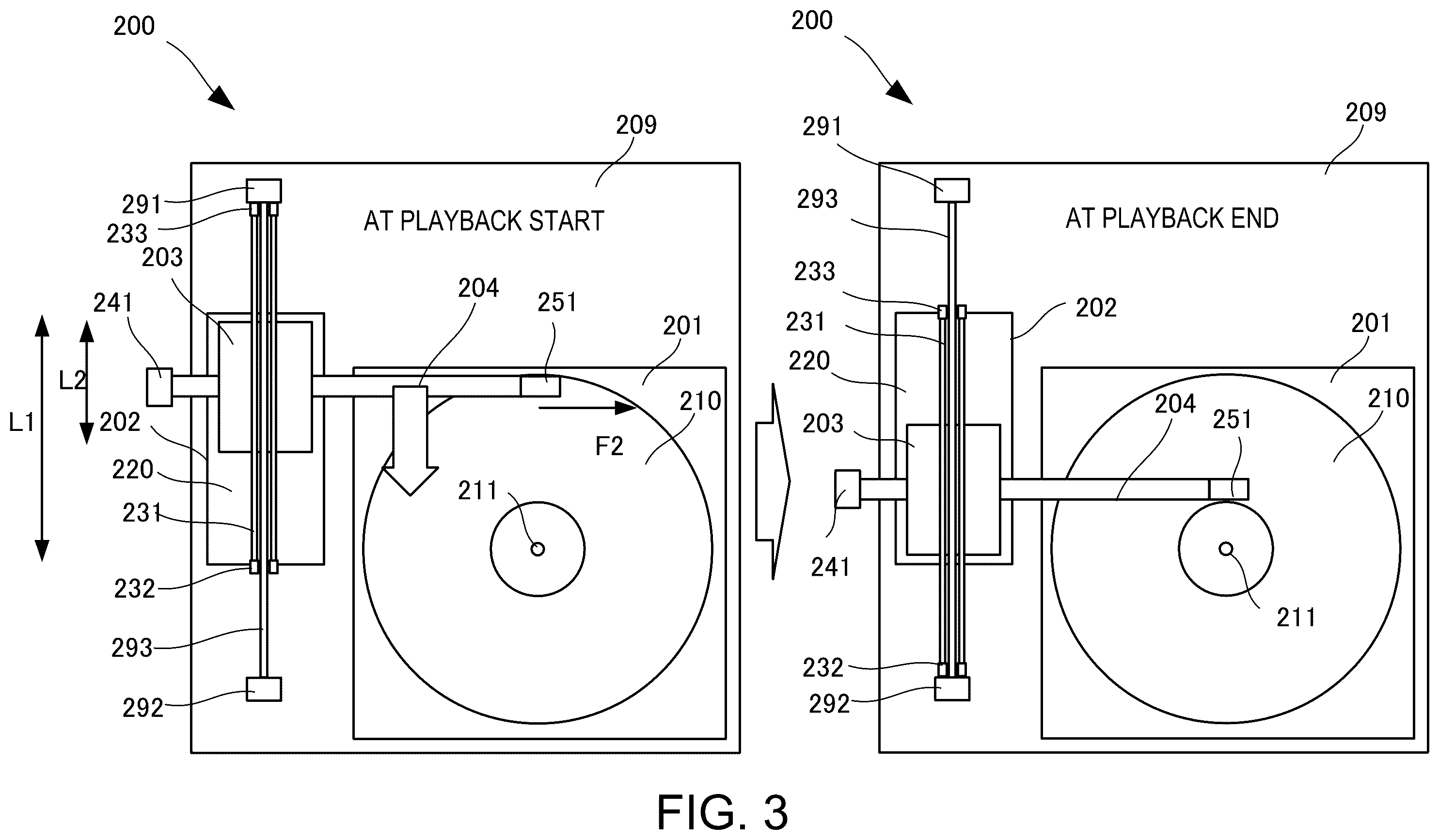 Patent US12562186 Figure 3 – Record player with arm extended from float for playing back high-quality stable sound