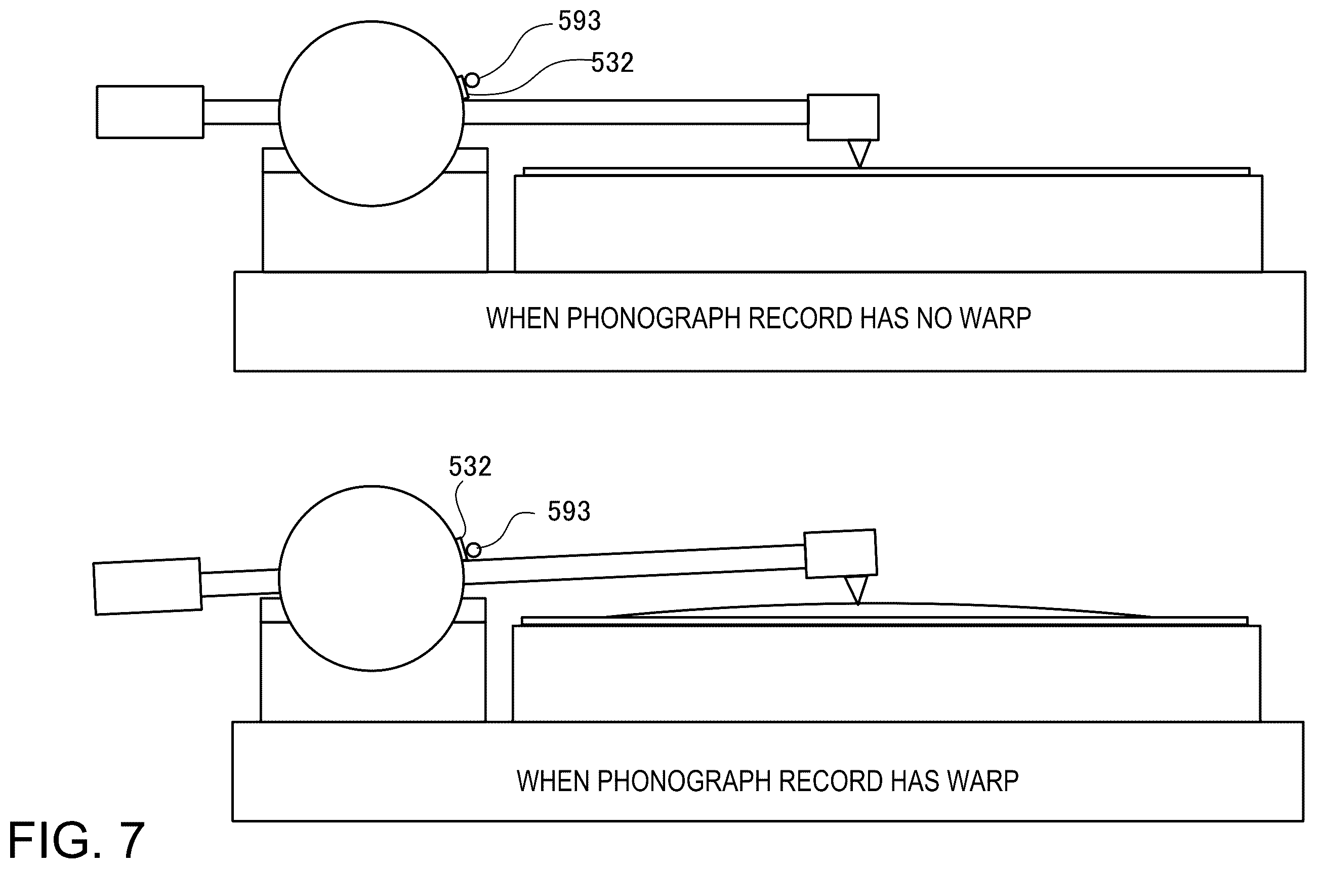 Patent US12562186 Figure 7 – Record player with arm extended from float for playing back high-quality stable sound