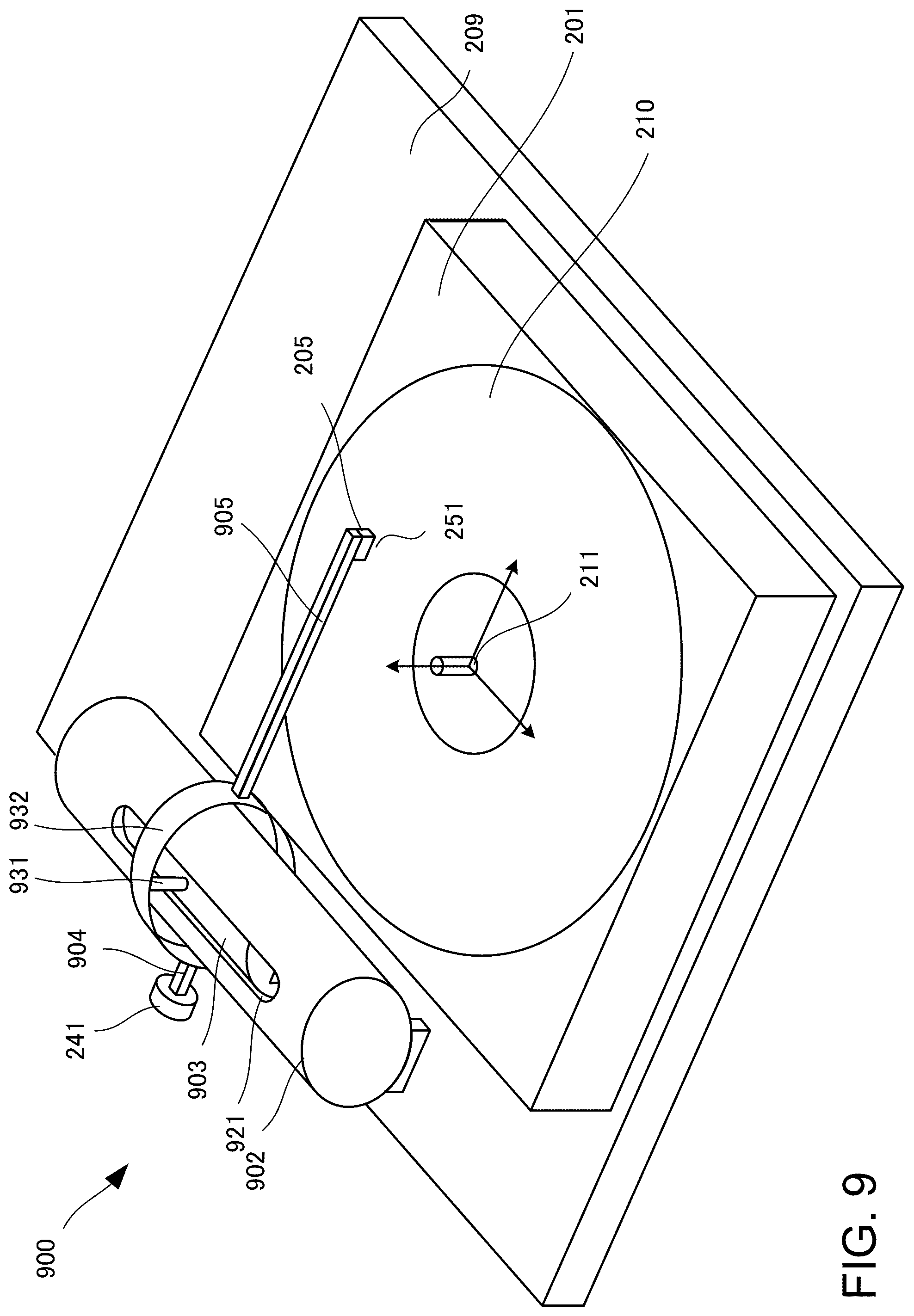 Patent US12562186 Figure 9 – Record player with arm extended from float for playing back high-quality stable sound