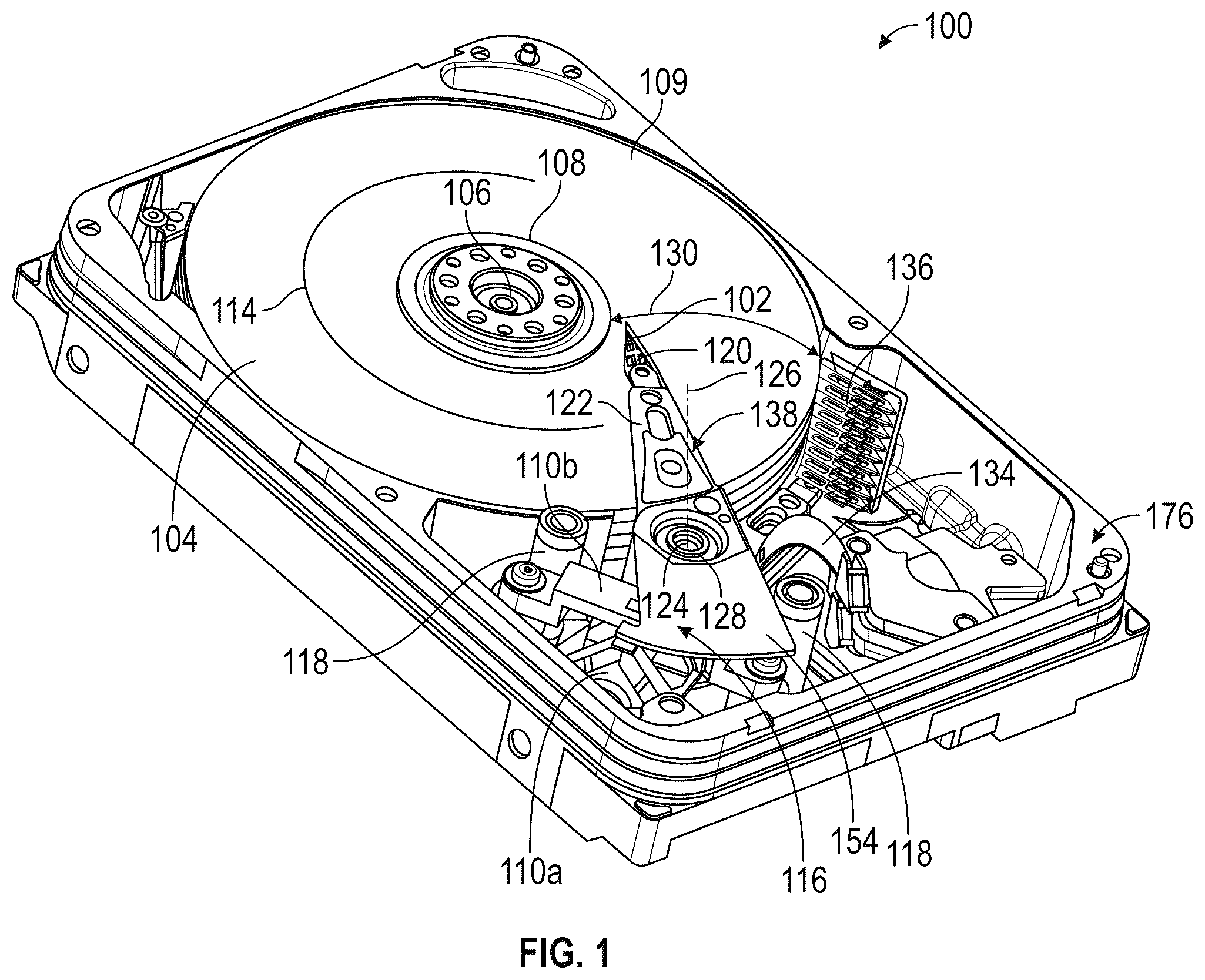Patent US12562189 Figure 1 – Disk drive arm actuator with piezoelectric ultrasonic motor