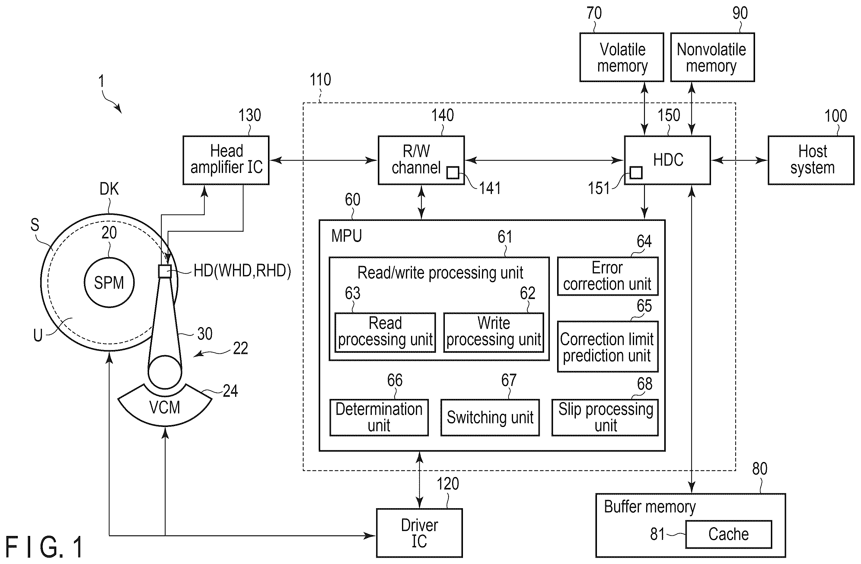 Patent US12562192 Figure 1 – Magnetic disk device