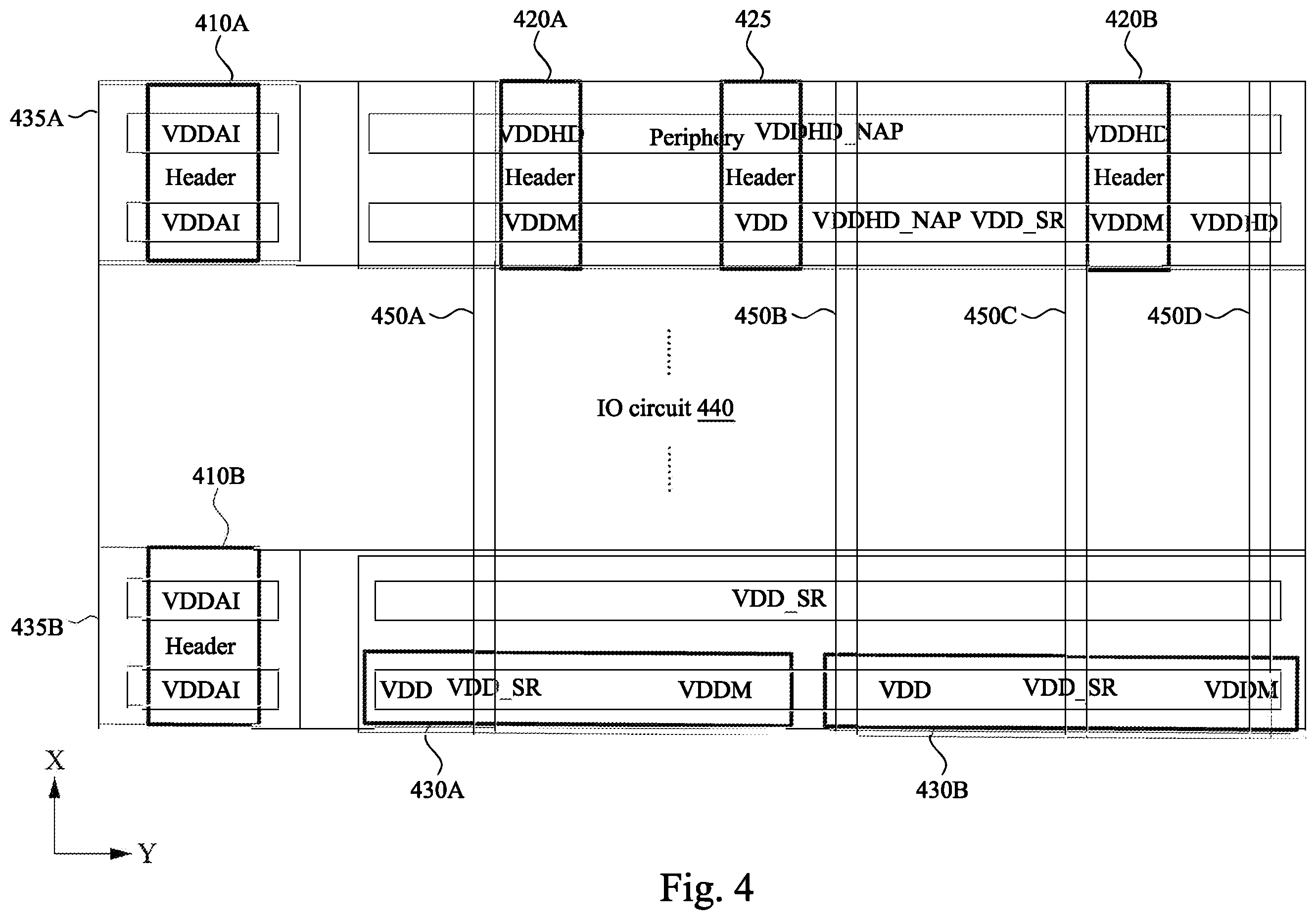 Patent US12562197 Figure 4 – Header circuit placement in memory device